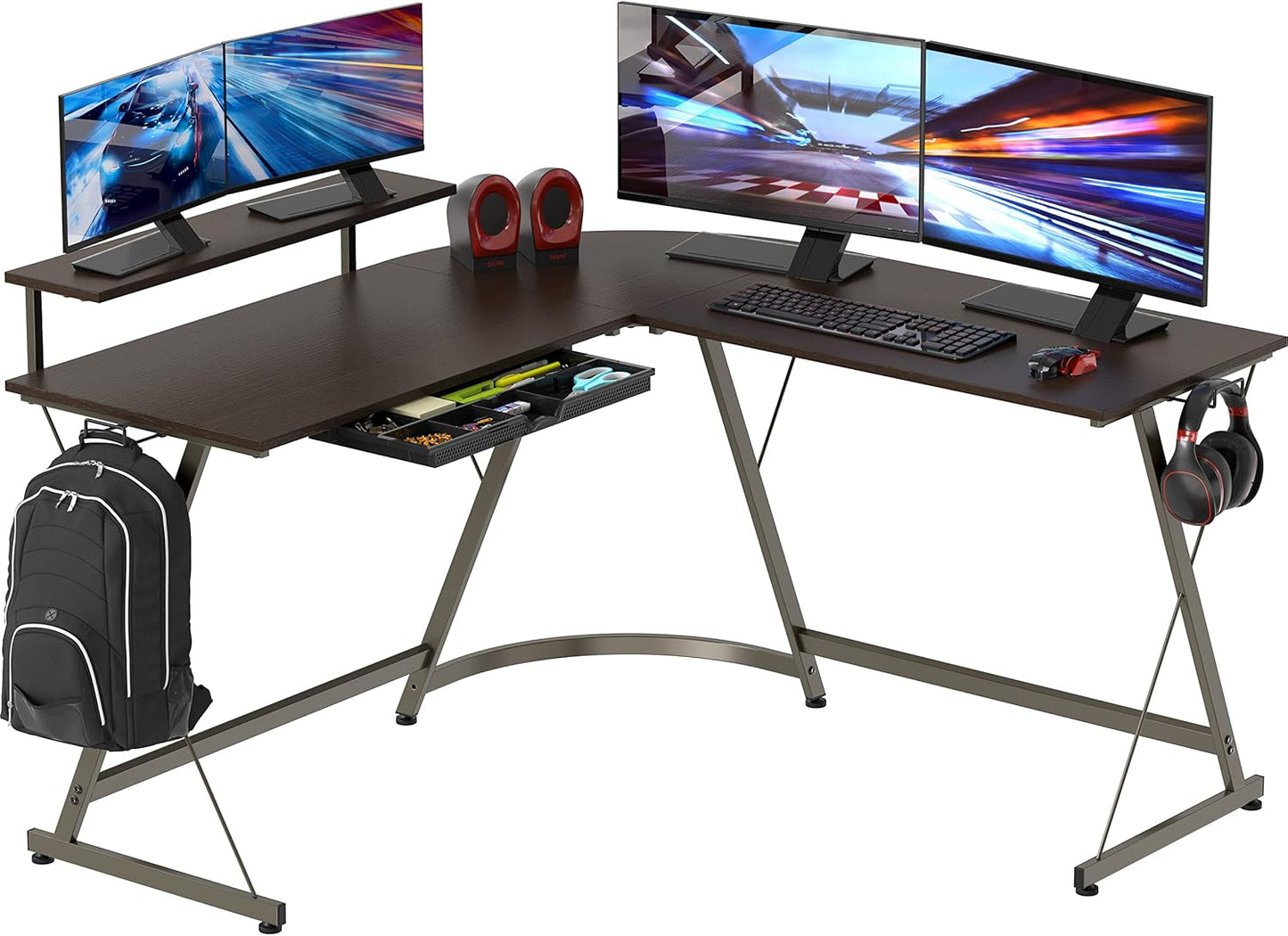 SHW 51 x 51 Inches Vista L-Shaped Desk with Monitor Stand and Drawer, Espresso