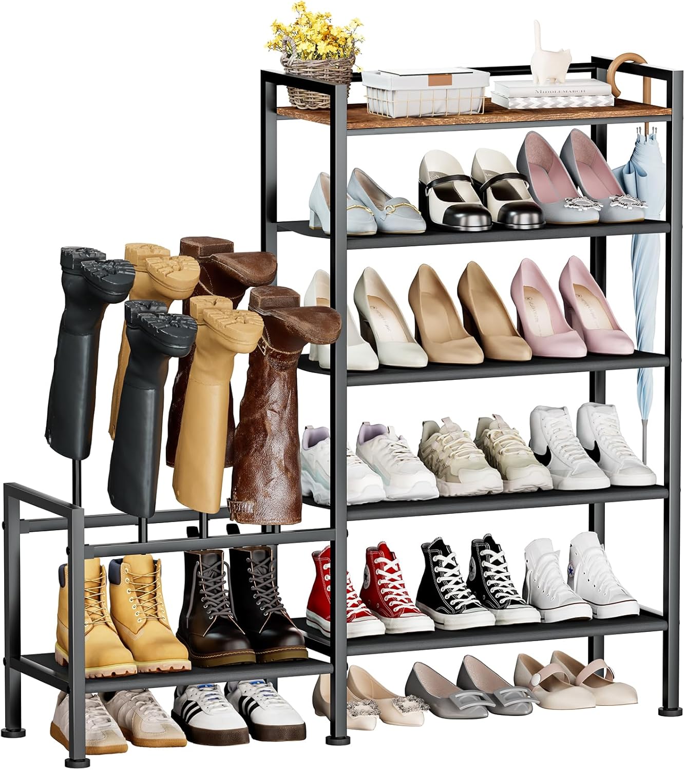 Shoe Rack Organizer and Storage - 5 Tier Metal Shoe Rack with Boot Storage & Side Any Combination - Space Saving Shoe Shelf for Entryway, Bedroom, Closet, Garage, Small Spaces