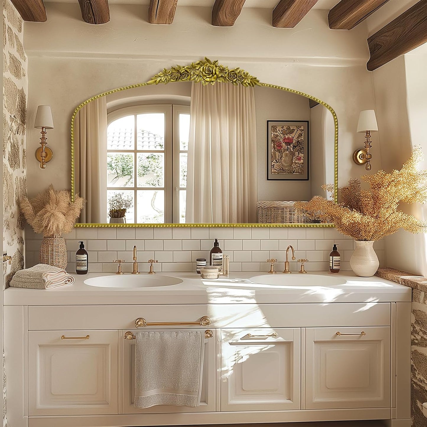 Antique Gold Arch Wall Mirror, 48"x30" Traditional Vintage Mantel Mirror with Ornate Metal Frame, Baroque Victorian Mirror for Fireplace/Entryway/Bathroom/Living Room/Dining Room