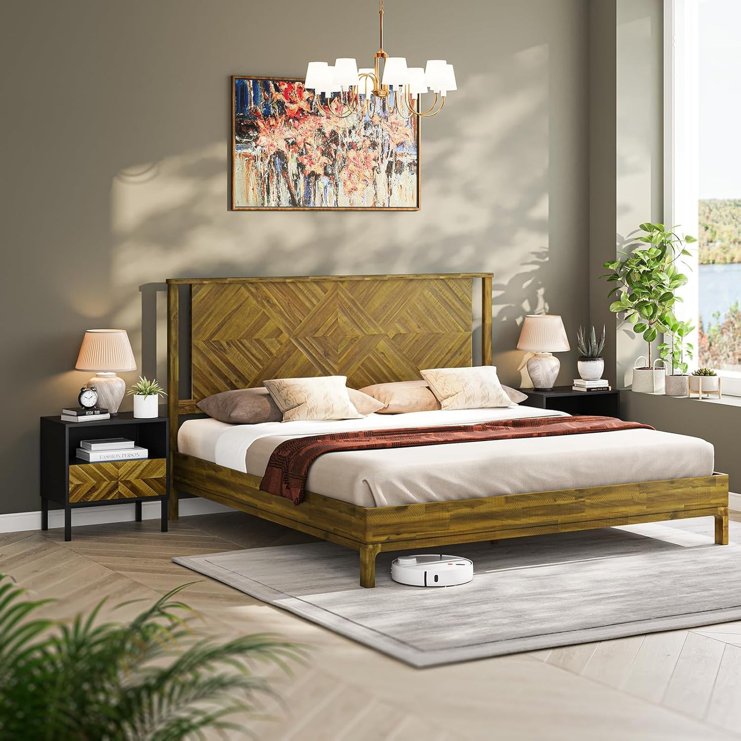 Bme Ethan Solid Wood King Bed Frame with Diamond Headboard - Rustic & Mid-century Modern - Acacia Wood Platform Bed - Compatible with All Mattresses - No Box Spring Needed - Rustic Dark Brown