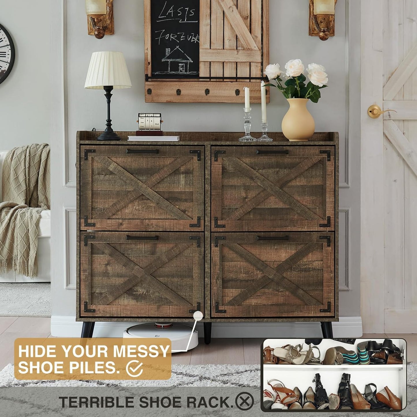 Shoe Storage Cabinet,Farmhouse Shoe Organizer with 4 Flip Drawers & Barn Door Design,Freestanding Hidden Slim Narrow Shoe Rack Cabinet for Entryway,Foyer,Hallway,Rustic Brown