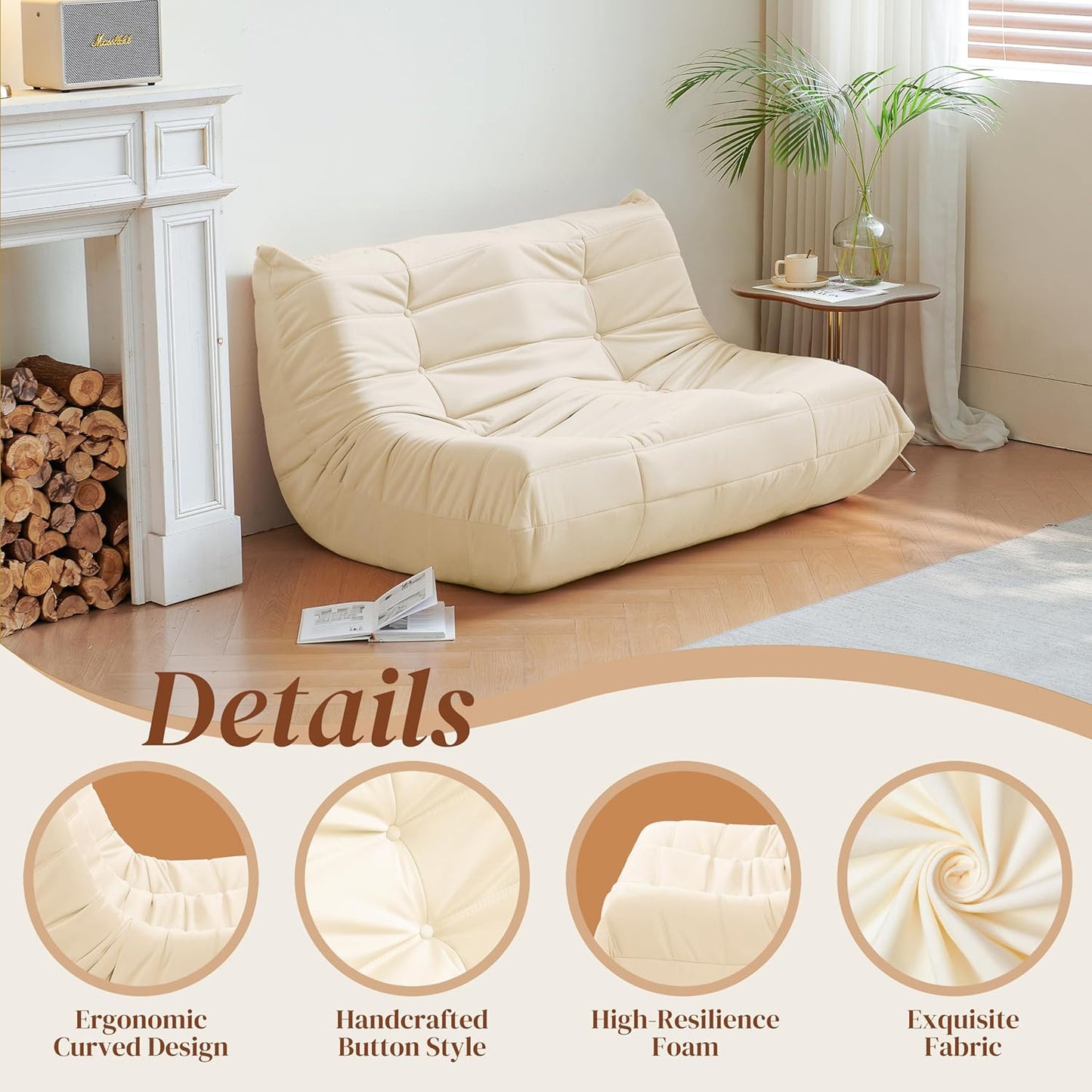 Bean Bag Chair, Loveseat Fireside Chair Bean Bag Sofa for Adults, 2 Seater Bean Bag Chairs for Teens with High-Resilience Foam, Memory Foam Bean Bag for Living Room, Bedroom, Office (Suede, Beige)