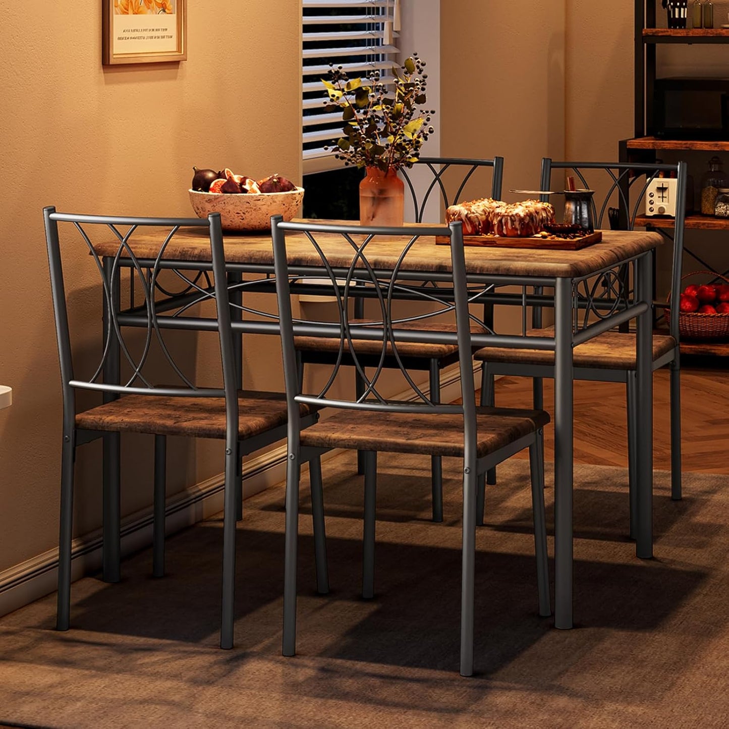 GAOMON Dining Table Set for 4, Rectangle Kitchen Table with 4 Wood Chairs Set for 4, 5-Piece Compact Apartment Kitchen & Dining Room Set Furniture for Small Spaces, Space-Saving, Rustic Brown