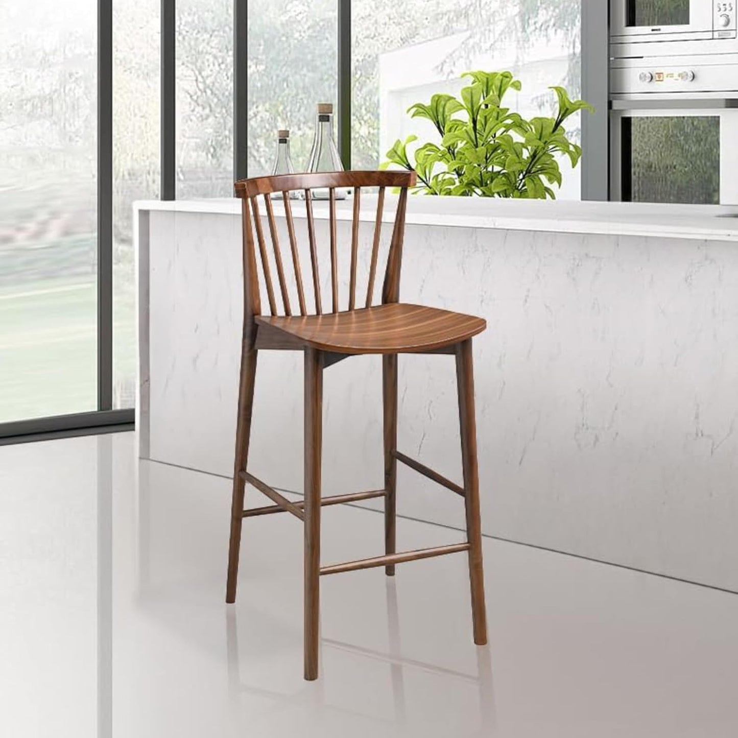 POLY & BARK Ligna Counter Stool Walnut – Mid-Century Inspired Stool with Sculpted Spindle Back – Solid American Oak Frame and Engineered Wood Veneered Seat – Fully Assembled and Ready to Use
