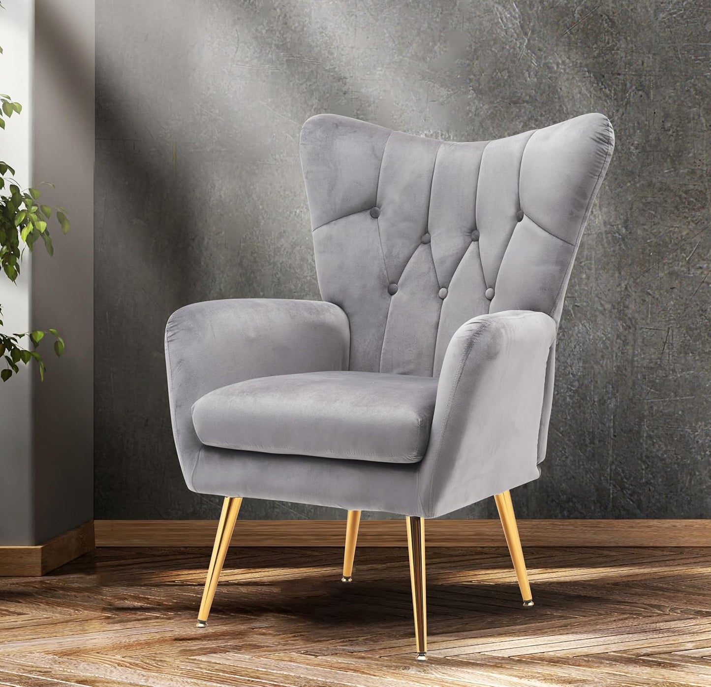 Container Furniture Direct Modern Chic Mid-Century Velvet Accent Armchair for Living Room, Bedroom, or Home Office, Button-Tufted Wingback Design with Gold Flared Legs, Grey