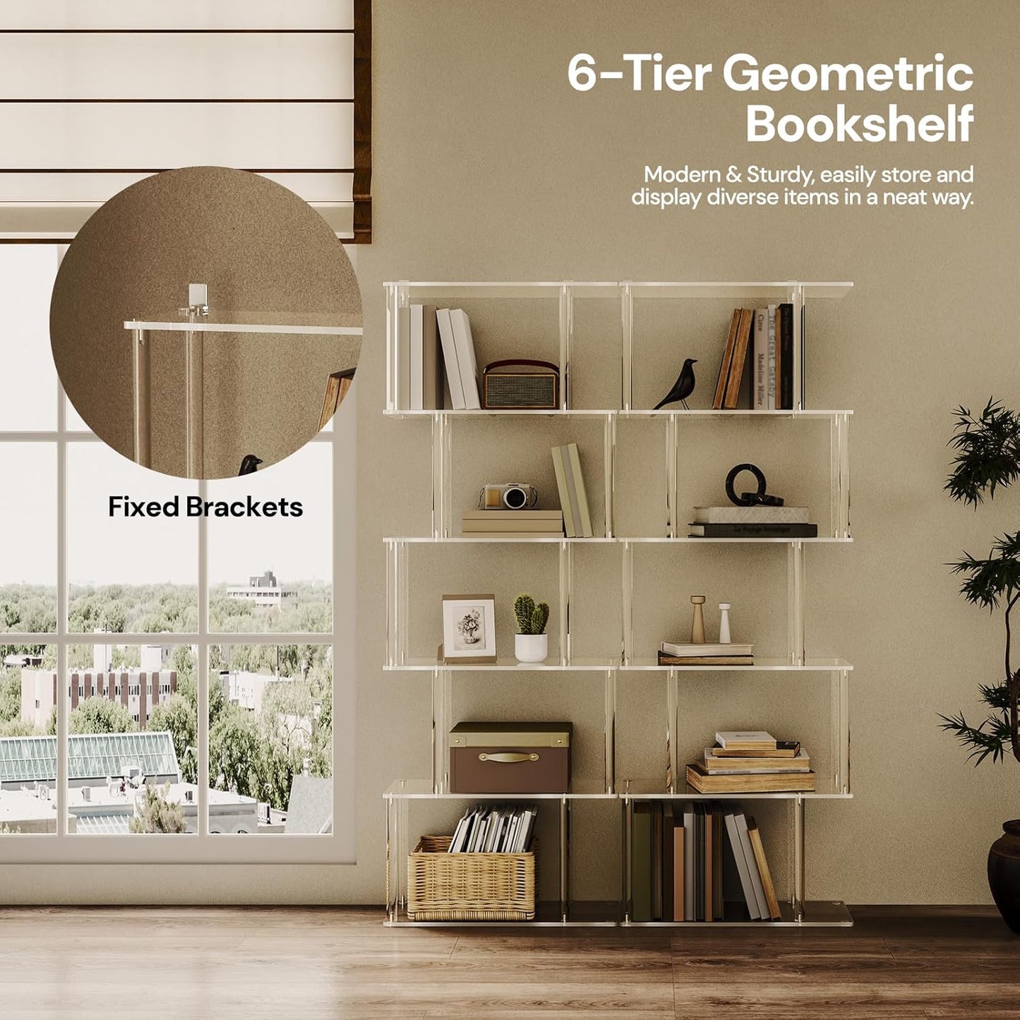 Acrylic Geometric Bookshelf, 6-Tier Clear Bookcase, S Shaped Bookshelf, Modern Display Book Shelf for Living Room, Bedroom, Office, 9.3" D x 22.4" W x 61.46" H, Easy Assembly