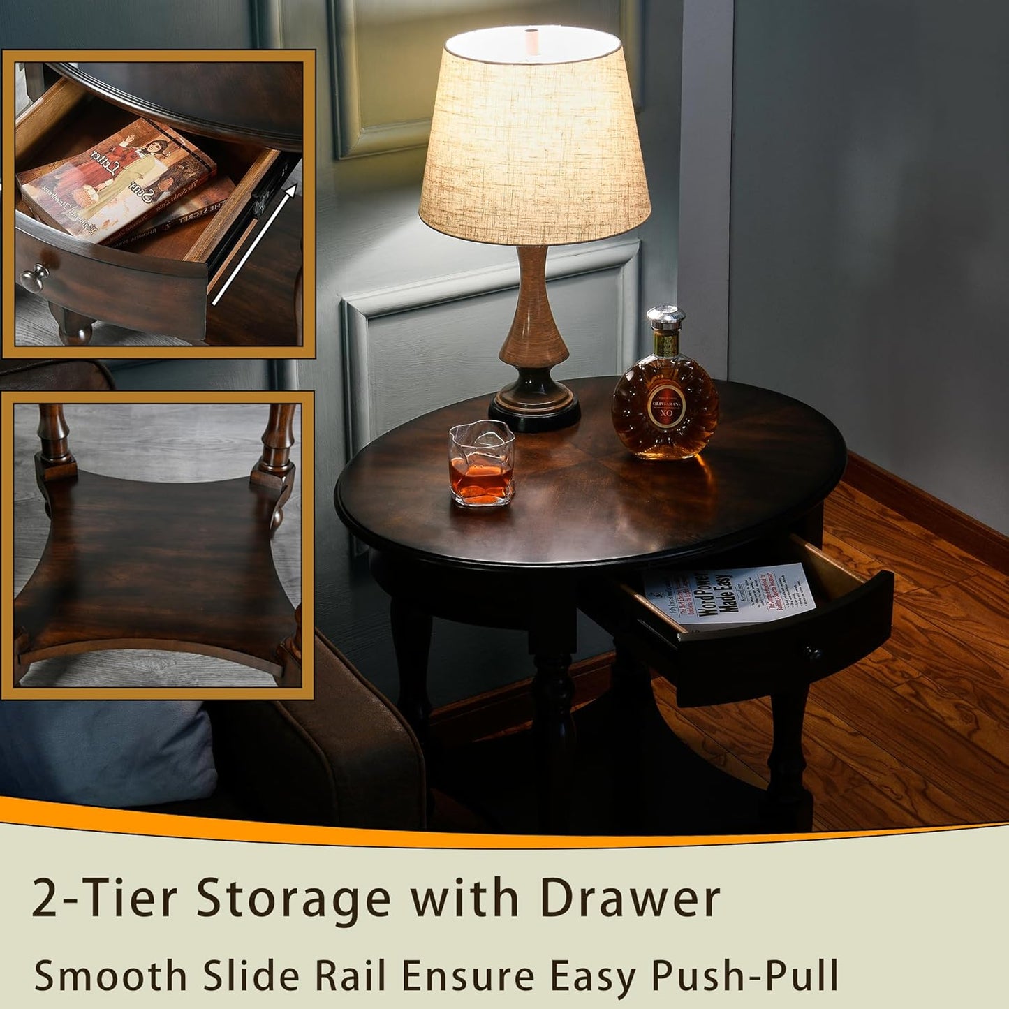 LEEMTORIG Oval Round End Table with Drawer, 2-Tier Solid Wood End Tables, Victorian Antique Nightstand Bedside Table for Bedroom Office Living Room, 28" W x 22" D x 24.2" H, Dark Walnut CJZ-2233-DC