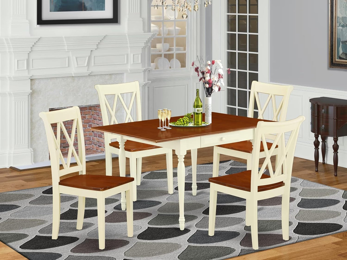 East West Furniture MZCL5-WHI-W 5 Piece Dinette Set for 4 Includes a Rectangle Dining Room Table with Dropleaf and 4 Kitchen Dining Chairs, 36x54 Inch, Buttermilk & Cherry