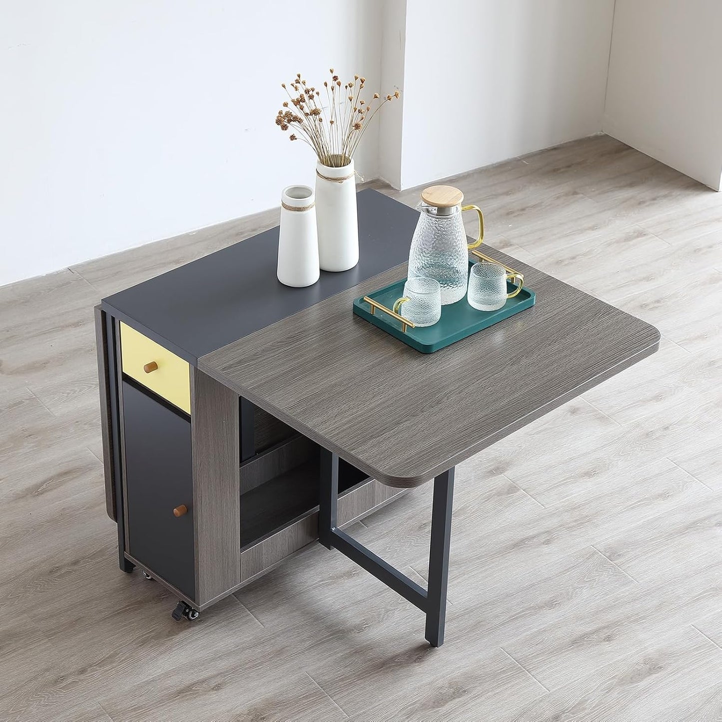 Folding Dining Table Set for 4, Foldable Kitchen Dinner Table and 2 Chairs Set, Extendable Space Saving Drop Leaf Table with Wheels and Storage