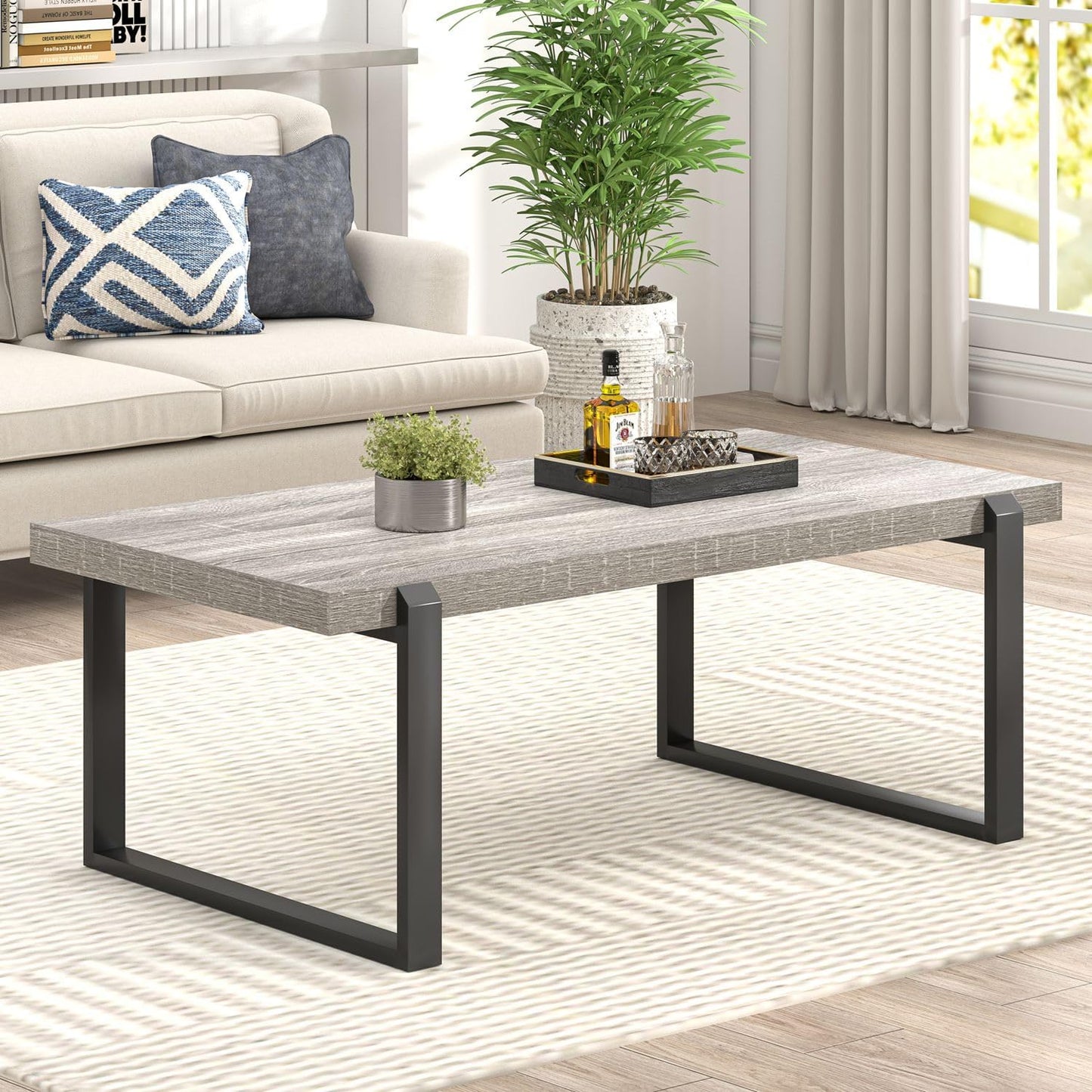 FOLUBAN Modern Coffee Table, Rustic Wood and Metal Center Table, Retro Small Cocktail Tea Table for Living Room, Light Grey, 44 Inch