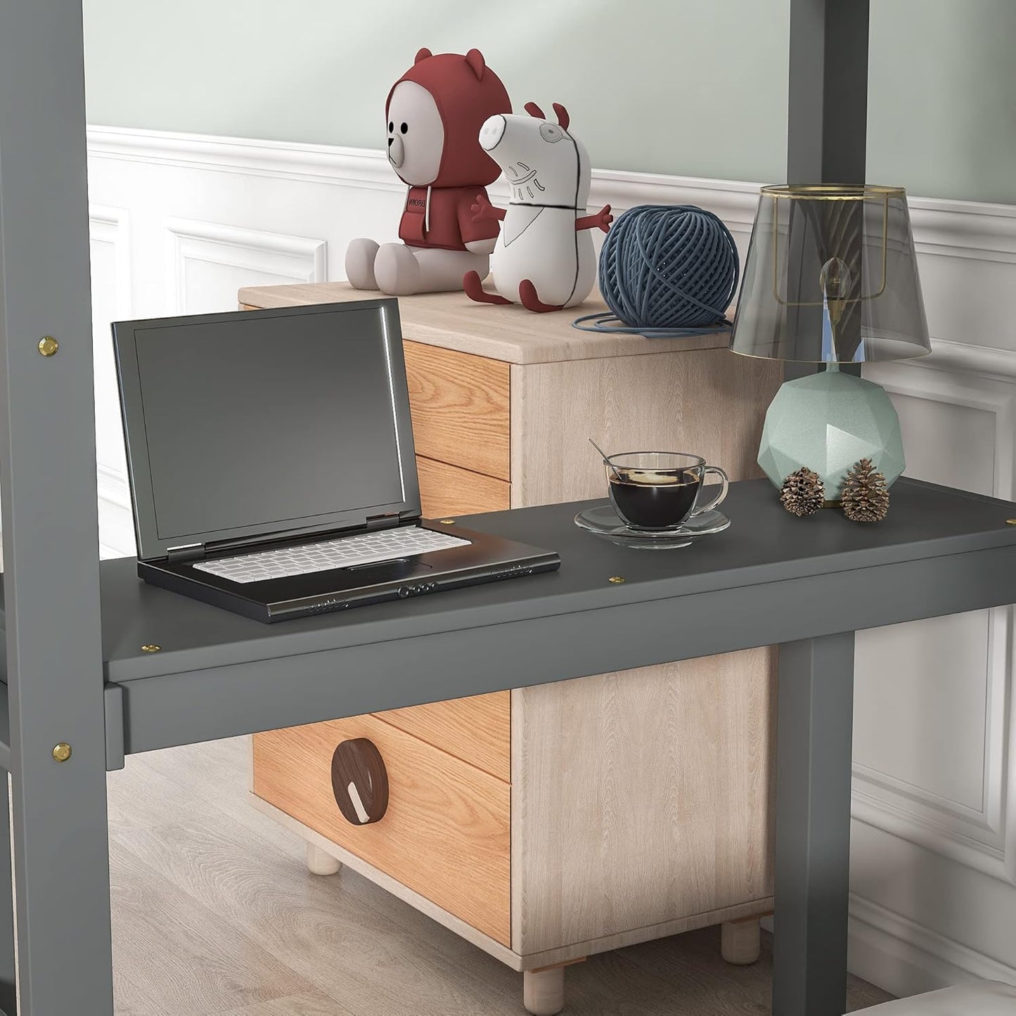 HomSof Twin Loft Bed with Built-in Desk,Grey
