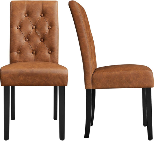 Yaheetech Dining Chairs Set of 2 Modern Style Faux Leather Dining Room Chairs with Solid Wood Legs and Button Tufted Padded for Home Kitchen, Retro Brown