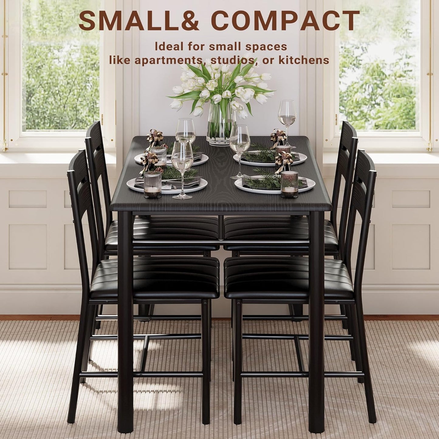 IRONCK Dining Table Set for 4, Wood Kitchen Table with Upholstered Chairs for Kitchen & Dining Room, Compact Dining Set for Small Spaces, Black