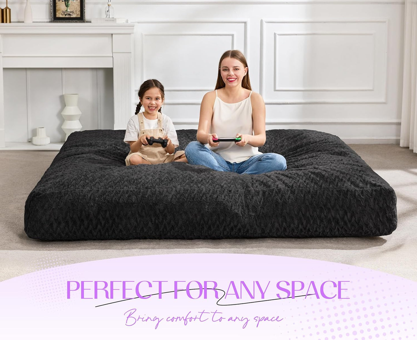 Hobestluk Bean Bag Chair Convertible Beanbag Chairs for Adults, 3 in 1 Bean Bags with Plush Chevron Cover, Adult Bean Bag Chair for Living Room, Bedroom (Black, Full)