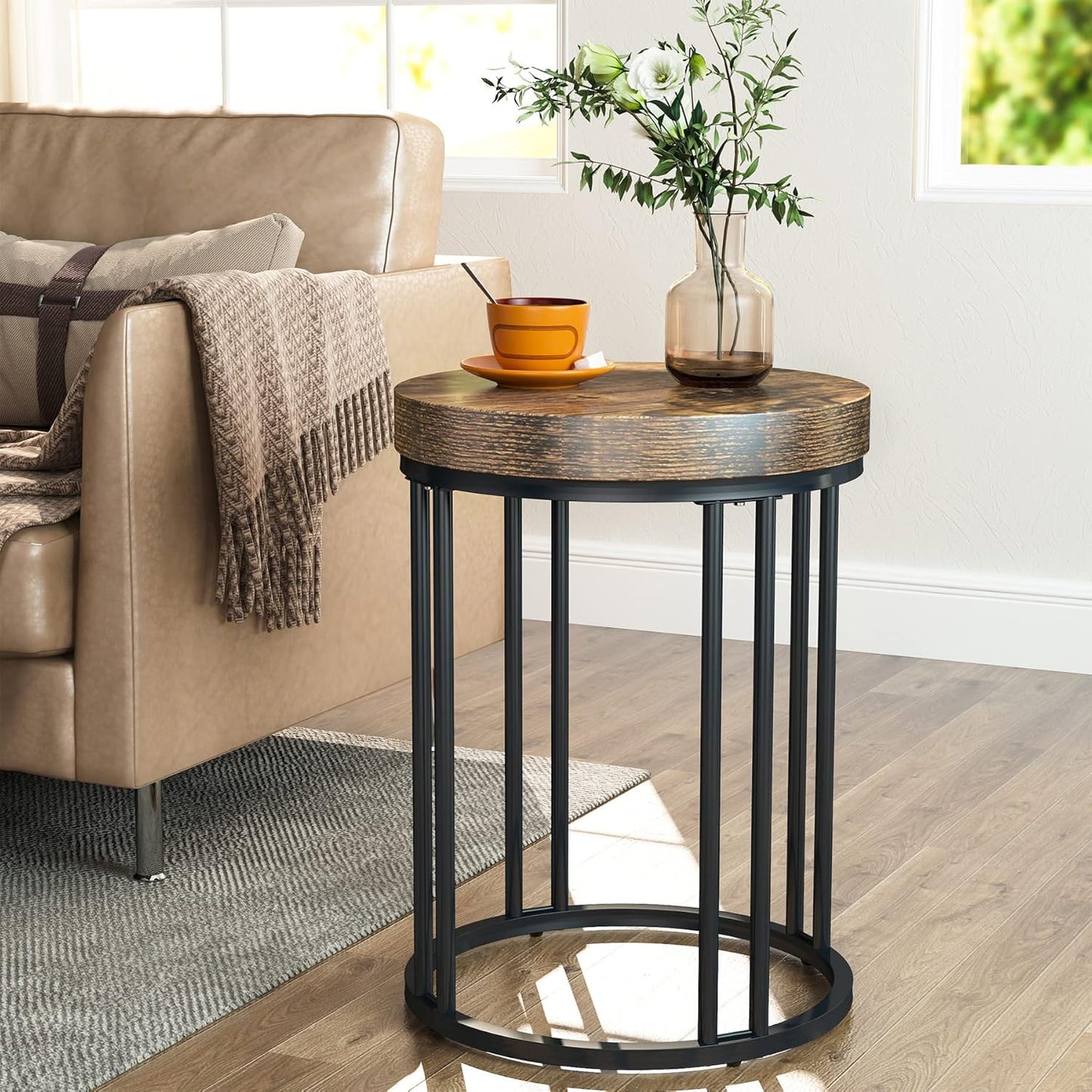 Tribesigns Round End Table, Modern Side Small Accent Nightstand with Metal Frame, Wooden Circle Bedside for Living Room Sofa Couch, Bedroom, Easy Assembly, Space Saving, Rustic Brown & Black