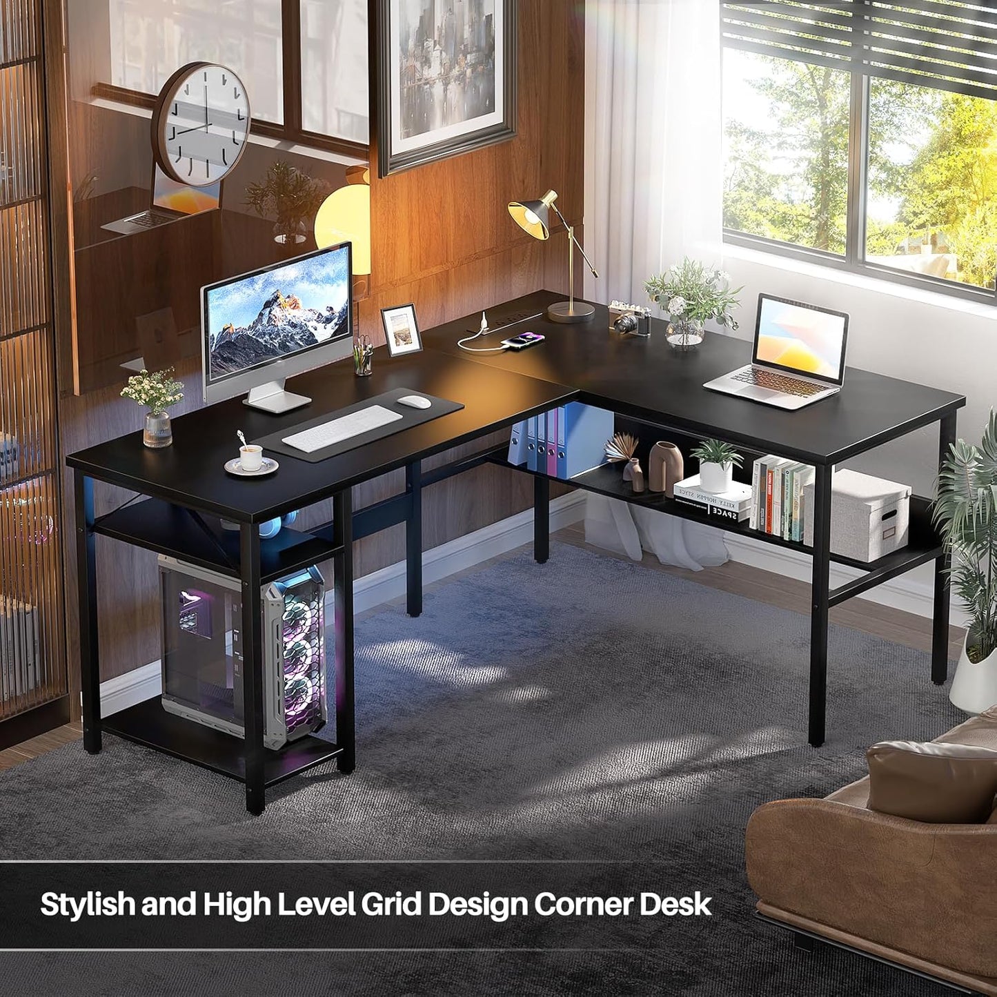 Reversible L Shaped Computer Desk with Magic Power Outlet, Sturdy Office Corner Desk, L Shape Gaming Table with Storage Shelf, Black