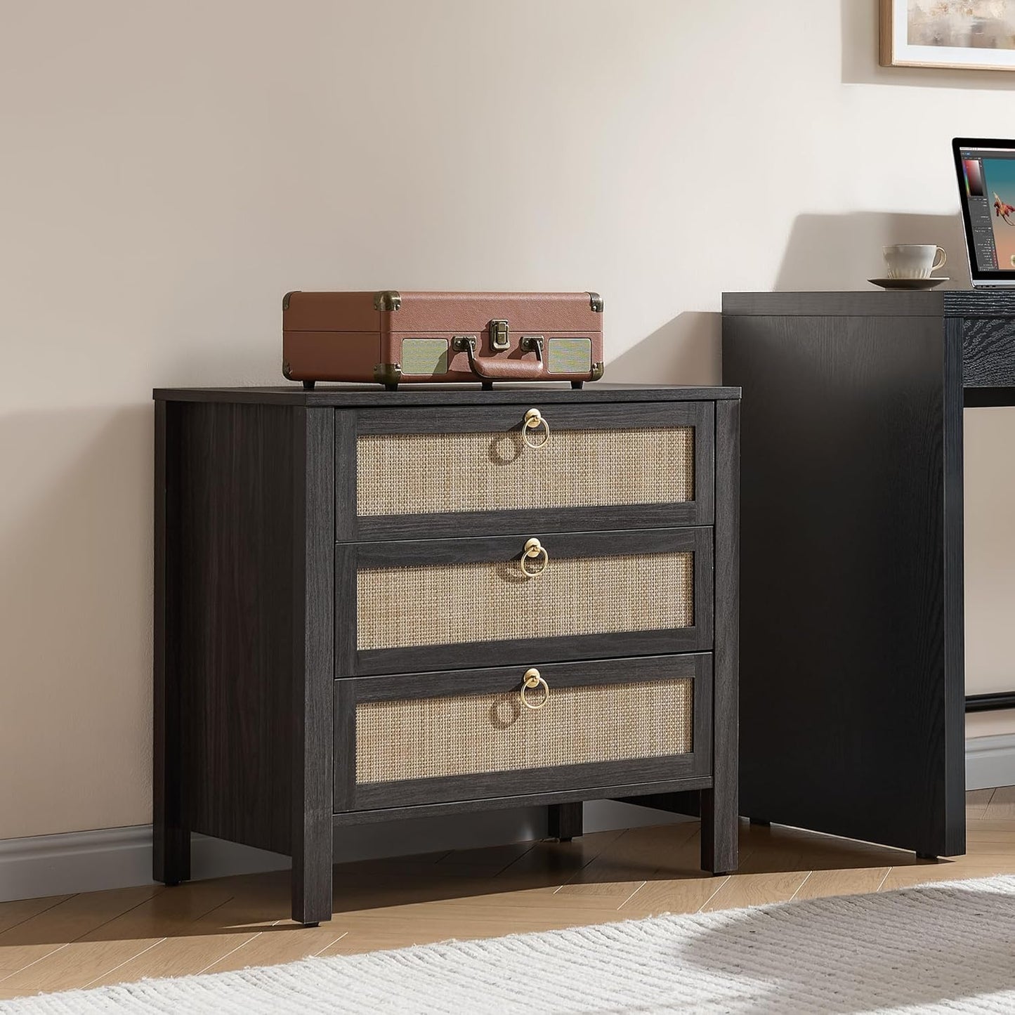 SICOTAS Night Stand with Drawers, Large Rattan Bedside Table with Golden Handle, 3 Drawers Nightstand Tall End Table Side Table Boho Nightstand for Bedroom