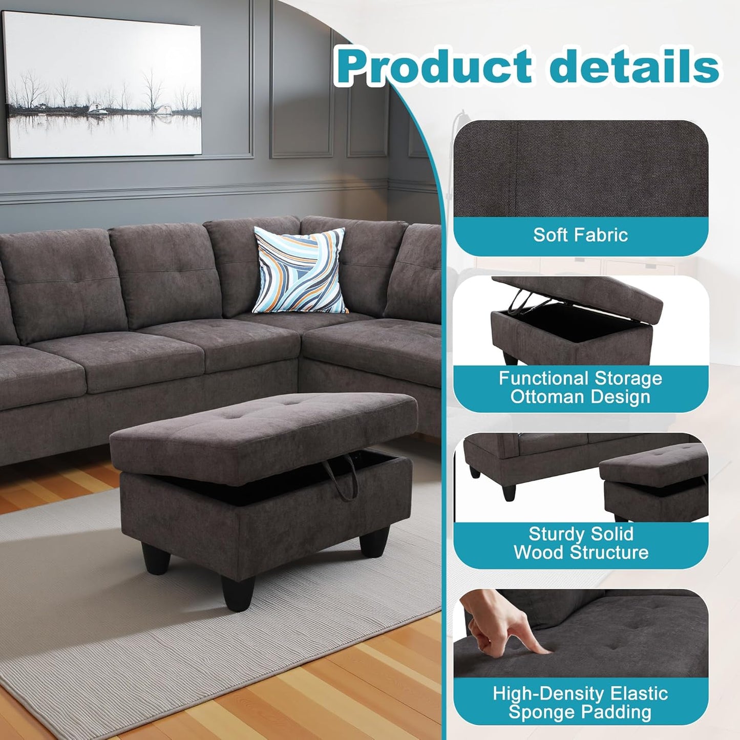 Couches for Living Room Modern L Shaped Couch Comfy Fluffy Fabric 3 Pieces Sectional Sofa with Chaise, Ottoman with Storage for Office and Small Apartment, Dark Brown