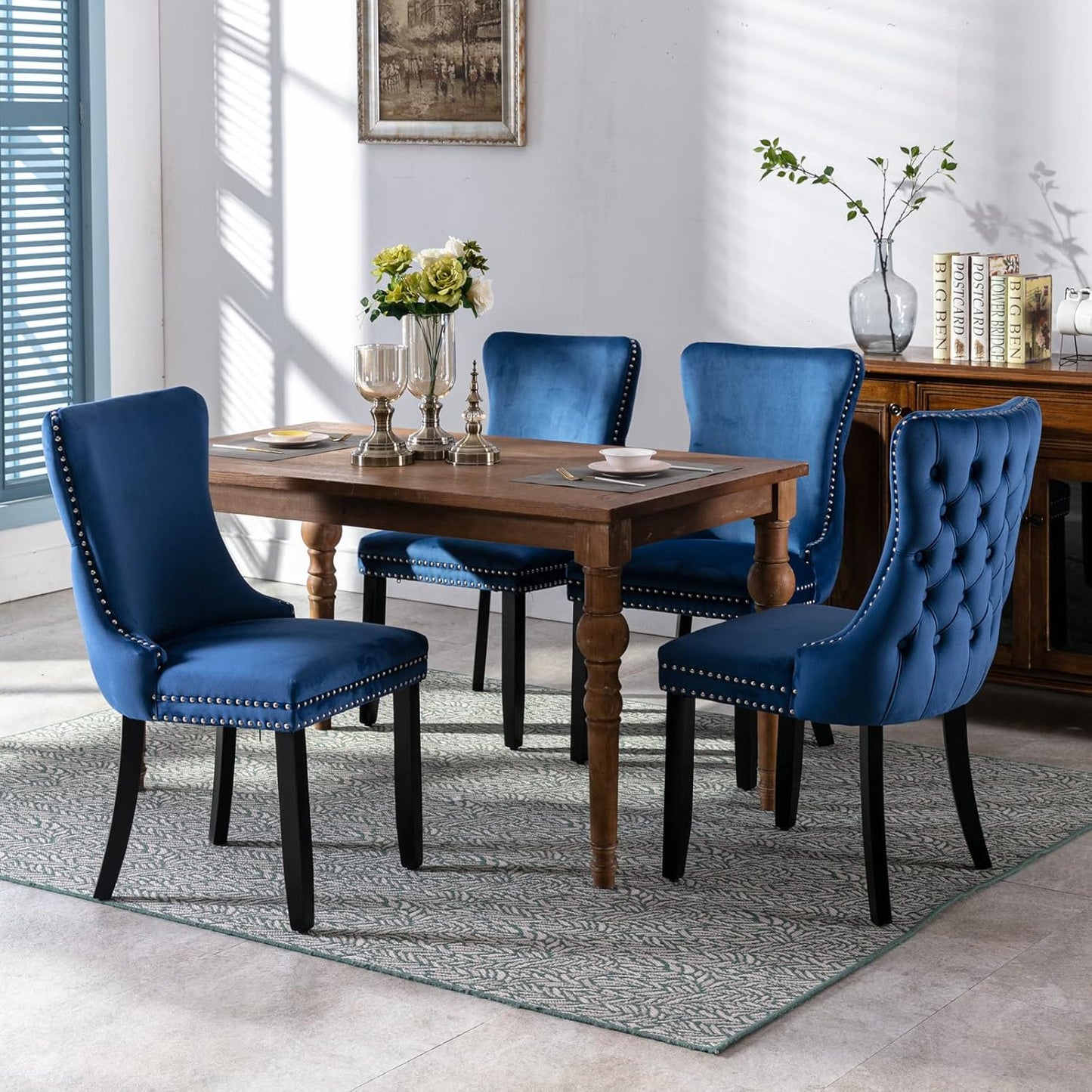 PacknWood Acosure Set of 2 Velvet Upholstered Wing-Back Dining Chair with Backstitching Nailhead Trim,Exquisite Furniture Stool W/Wood Legs,for Kitchen,Sitting Room,Blue