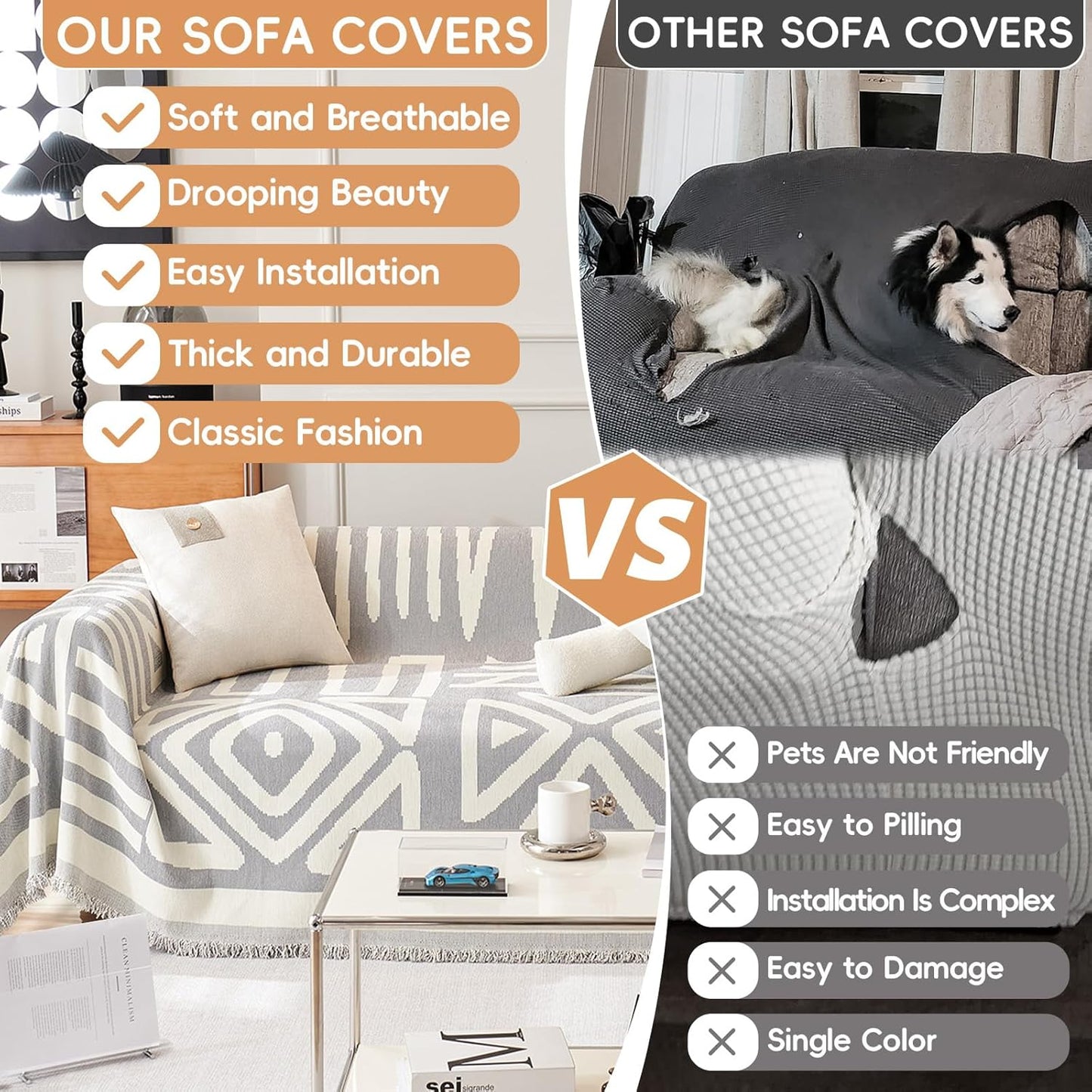 STACYPIK Dark Gray Couch Cover, Boho Chenille Sofa Covers Pet-Friendly, Reversible Non Slip Furniture Protector for 3 Cushion Couch, Modern Triangle Couch Cover for Loveseat,Multi-Use Blanket-71X134IN