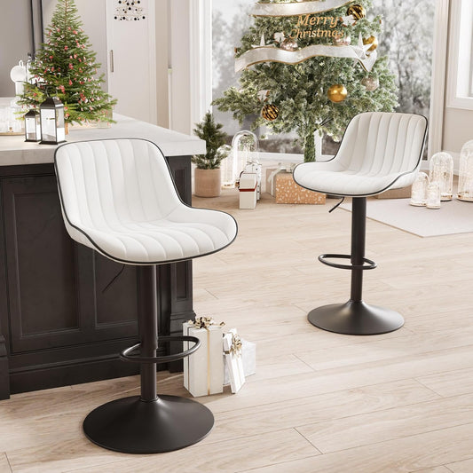 YOUNIKE White Bar Stools Set of 2 Kitchen Counter Height Barstools Upholstered Swivel Modern Faux Leather Bar Chairs with Backs Adjustable High Breakfast Island Stool with Metal Leg