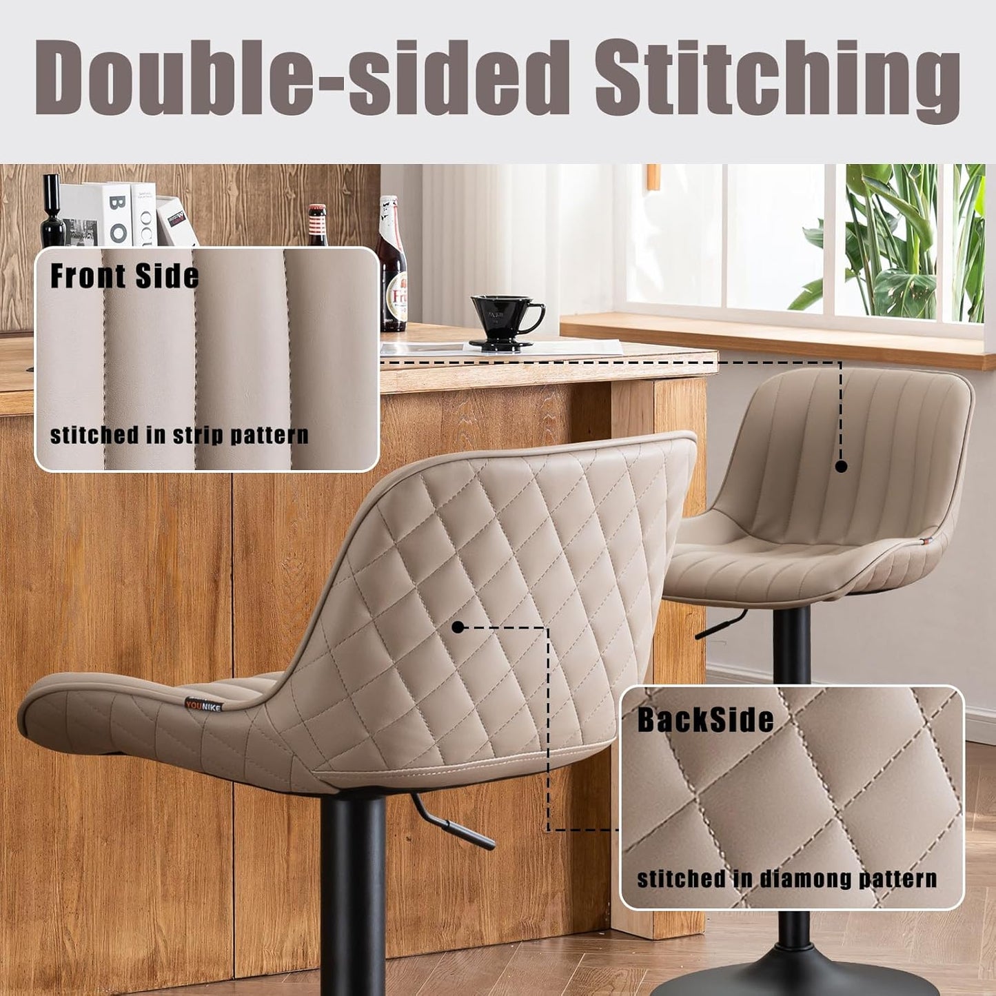 YOUNIKE Khaki White Bar Stools Set of 2 Kitchen Counter Height Barstools Upholstered Swivel Modern Faux Leather Bar Chairs with Backs Adjustable High Breakfast Island Stool with Metal Leg