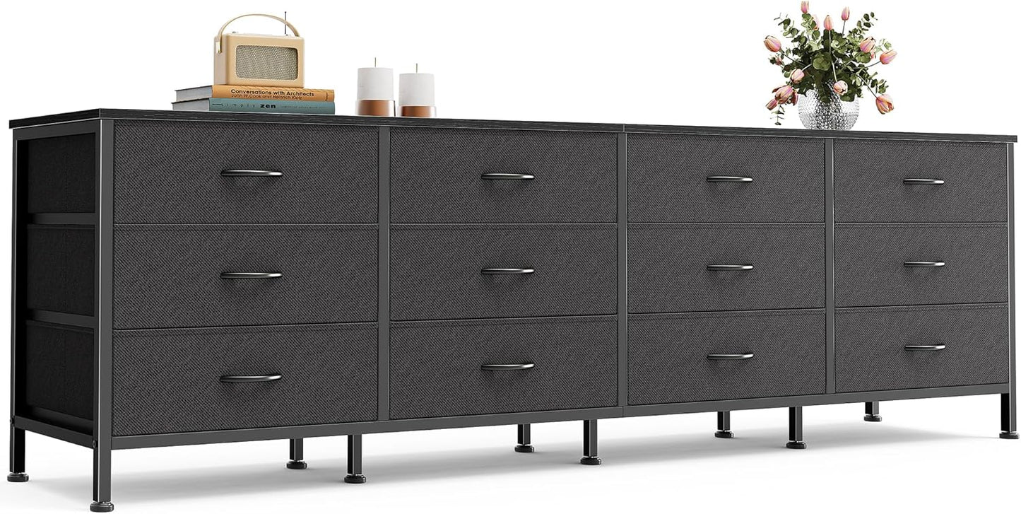 Huuger 70 Inch Black Dresser for Bedroom, TV Stand for 65, 75, 80 Inch TV, 12 Fabric Drawer Long Dresser, Wide Chest of Drawer, Storage Units for Living Room