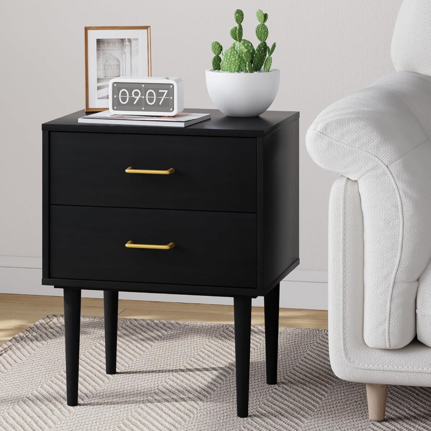Black Nightstand with 2 Drawers, Modern Night Stand Black, Wooden Night Stands for Bedroom, Bed Side Table, End Table, Gold Handle 26 Inch Tall, Large Size