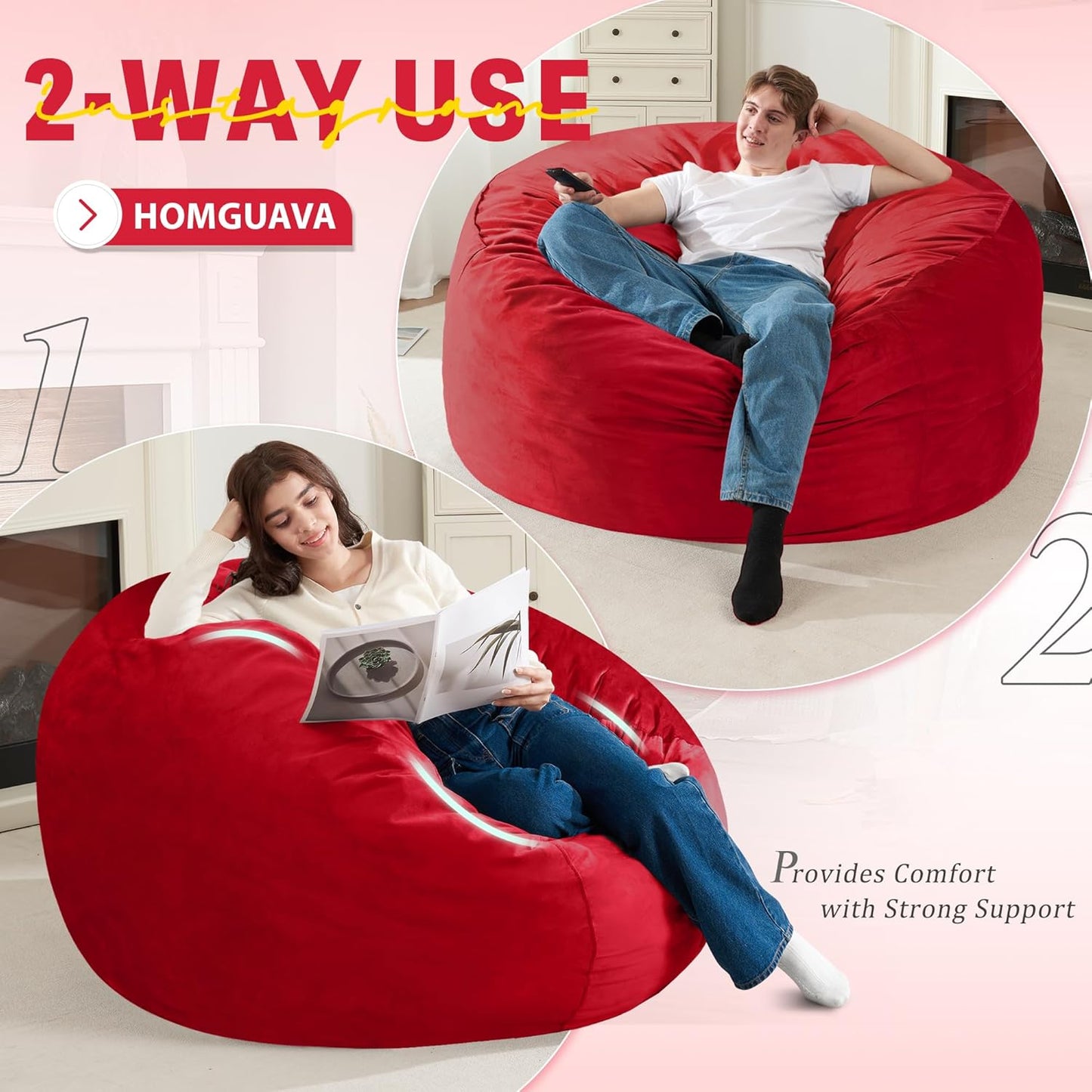 Homguava 4 FT Bean Bag Chair: 4' Bean Bags with Memory Foam Filled, Large Beanbag Chairs Soft Sofa with Dutch Velvet Cover-Red
