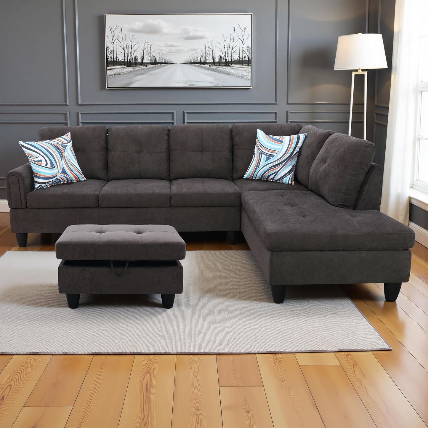 Couches for Living Room Modern L Shaped Couch Comfy Fluffy Fabric 3 Pieces Sectional Sofa with Chaise, Ottoman with Storage for Office and Small Apartment, Dark Brown