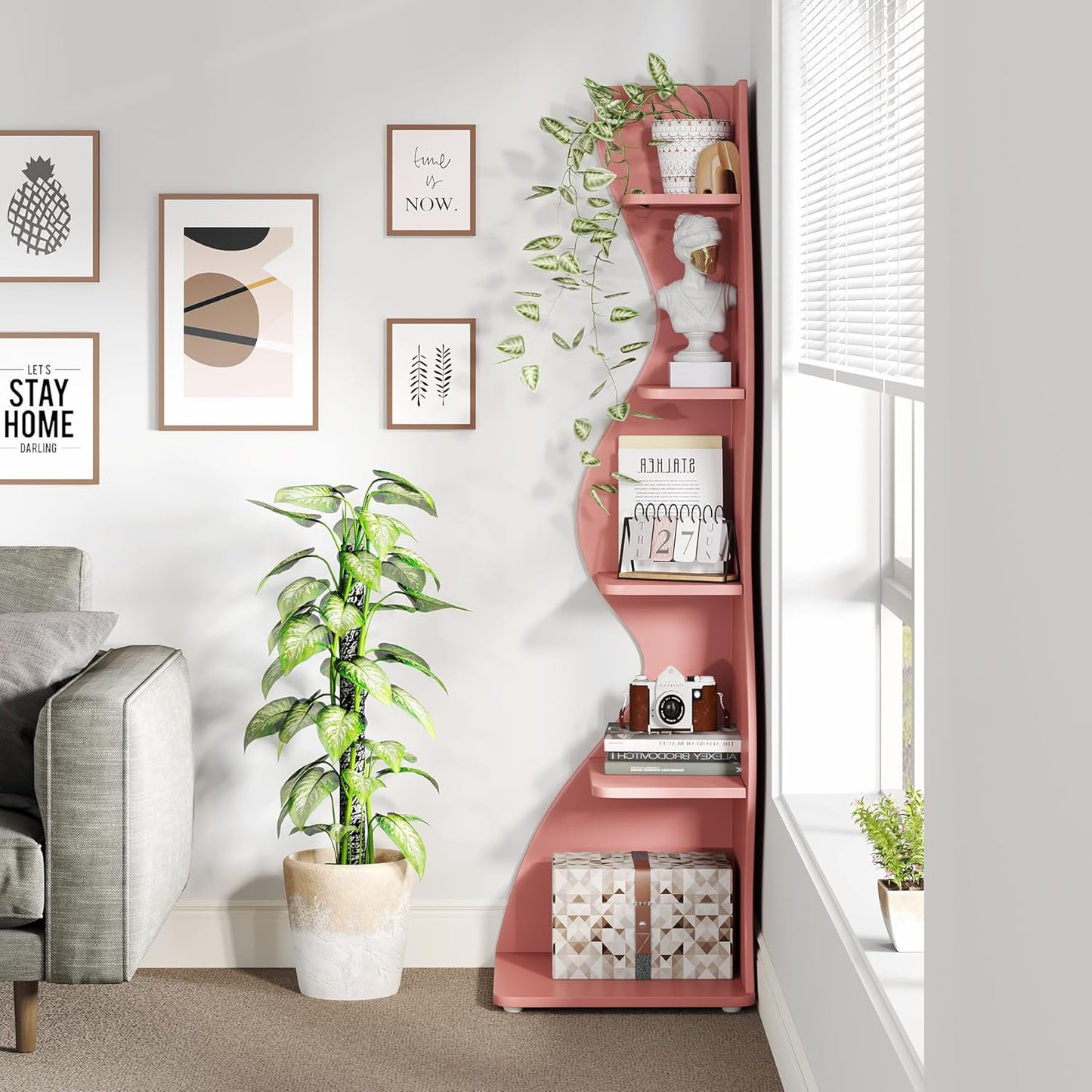 Tribesigns Corner Shelf, Modern 5-Tier Wall Corner Bookshelf, Stylish Corner Small Bookcase Storage Rack Plant Stand with Unique Shape for Living Room, Home Office (Pink, 1PC)
