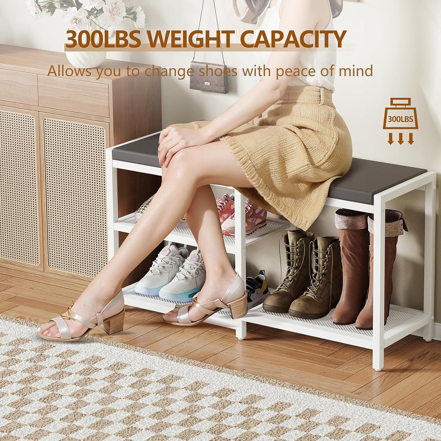 ZHOOGE Shoe Bench & Rack Storage Bench with Seat Cushion, Stable Entryway Bench Holds Up to 300 lb, (35" L x 12" W x 17" H, White)