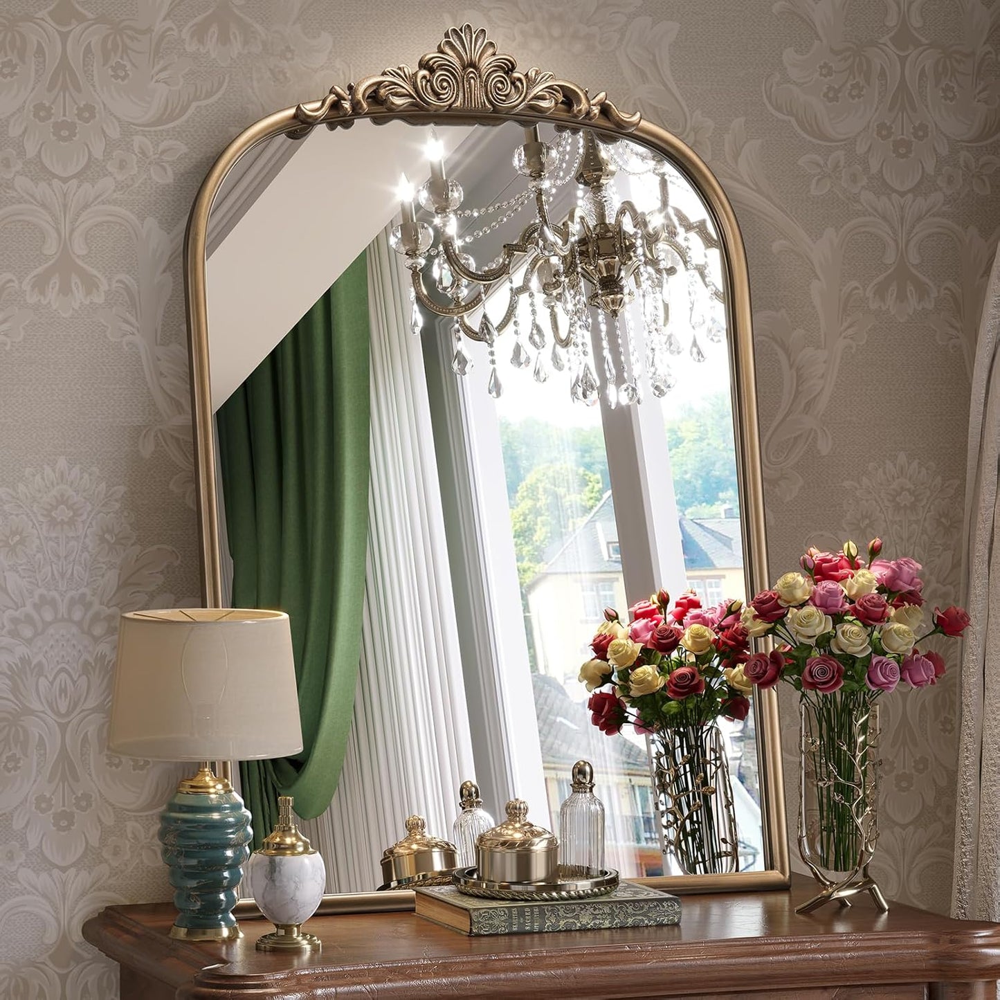 22" x 30" Arched Vintage Gold Mirror for Wall, Antique Bronze Bathroom Mirror with Metal Frame, Ornate Arch Vanity Mirror for Entryway, Mantel, Powder Room