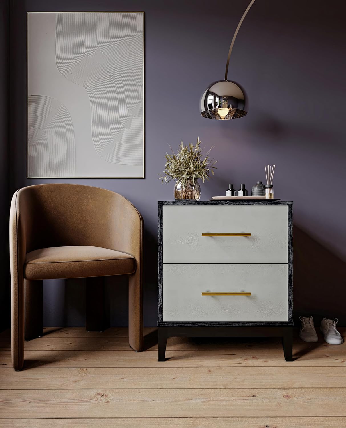 Sango Shagreen 2-Drawer Nightstand, Modern Black Bedside Table with Gray Faux Shagreen Drawer Fronts, Brass Handles, Sturdy Legs, Elegant Storage for Contemporary & Luxury Homes