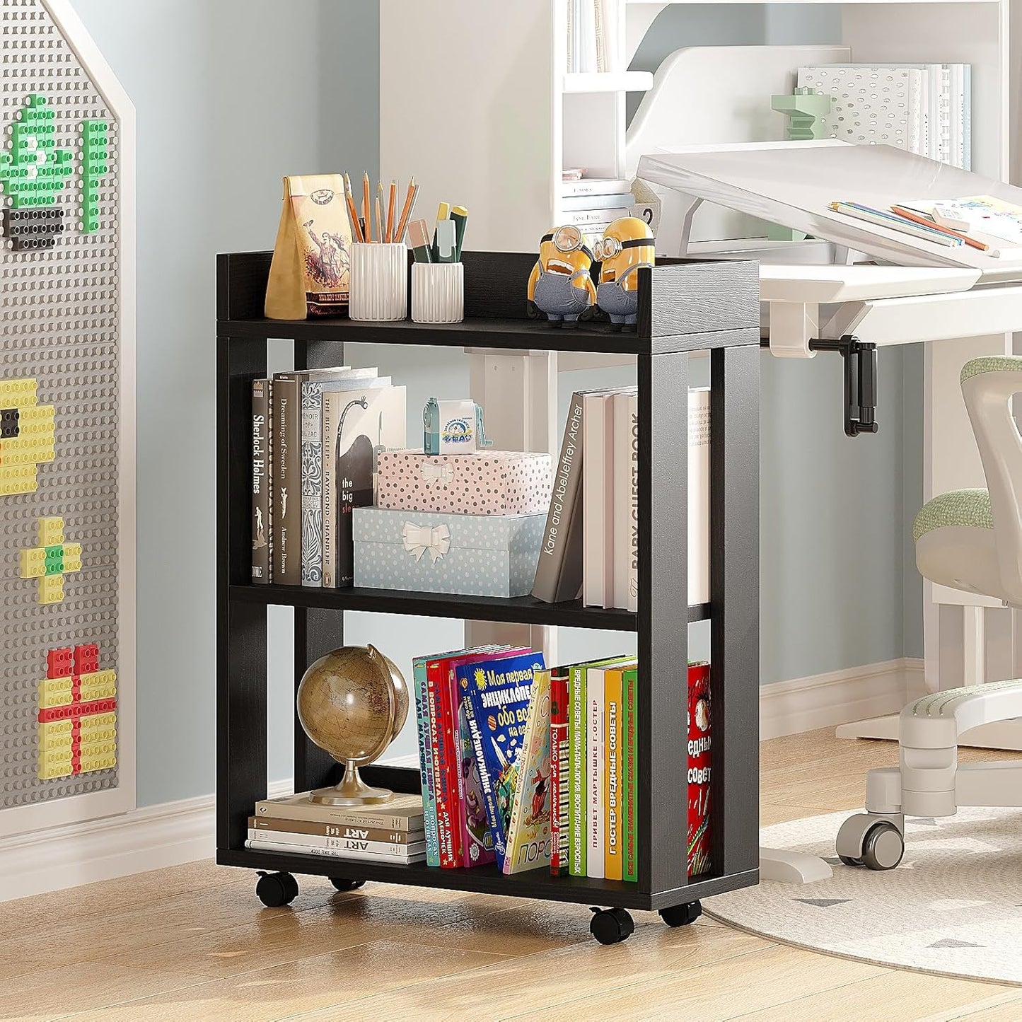 ALISENED Small Bookshelf and Bookcase, 3 Tier Wood Nightstand with Wheels, Modern Bedside End Table with Storage Rack for Bedroom, Library, Living Room, Home, Office Cart, Black