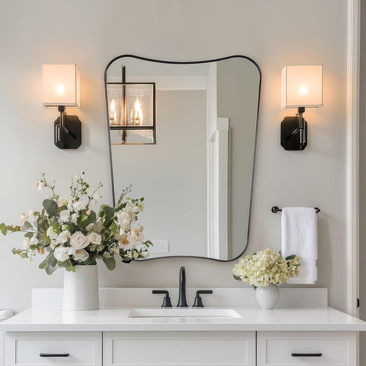 Black Bathroom Vanity Mirrors, 24 x 32 Irregular Wall Mirror with Black Trim Frame, Modern Asymmetrical Wall Mirror, Unique Shaped Decorative Mirrors for Living Room, Bedroom, Fireplace