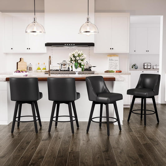 Counter Height Swivel Bar Stools Set of 4, 26 Inch Bar Stools with Footrest, Faux Leather Upholstered Barstools with Back and Solid Wood Legs for Kitchen Island, Dining Room,Pub,Black