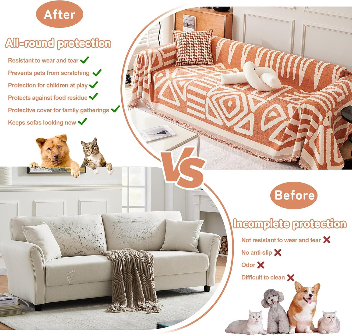 HANDONTIME Orange Sofa Cover for 3 Cushion Couch - Soft Chenille Loveseat Cover for Dogs - Boho Throw Cover Pet Furniture Protector - Thick Washable, 91" X118"