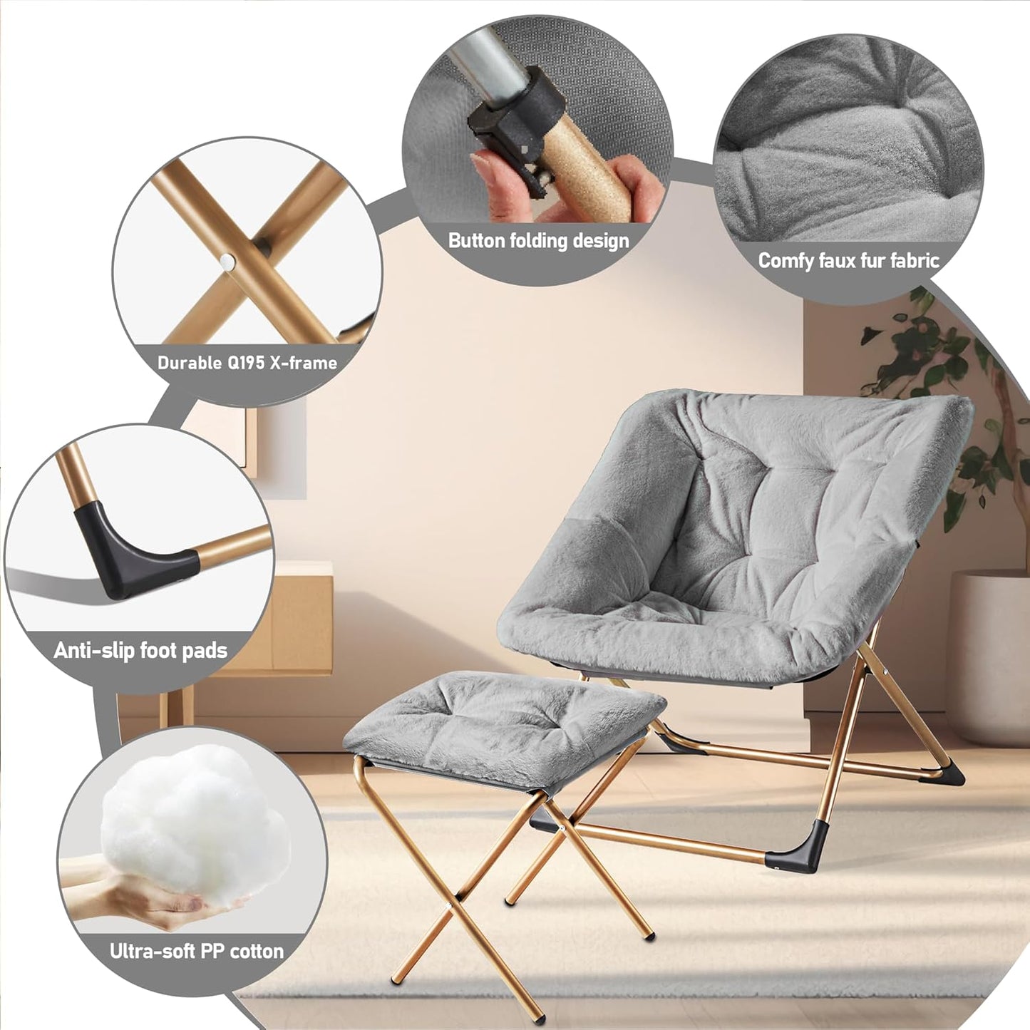 Comfy Oversized Saucer Chair with Ottoman,Soft Faux Fur Reading Lounge Chair for Adults,Stable X-Large Metal Frame and Non-Slip Pad,Cozy Chair for Bedroom, Living Room, Dorm, Light Gray