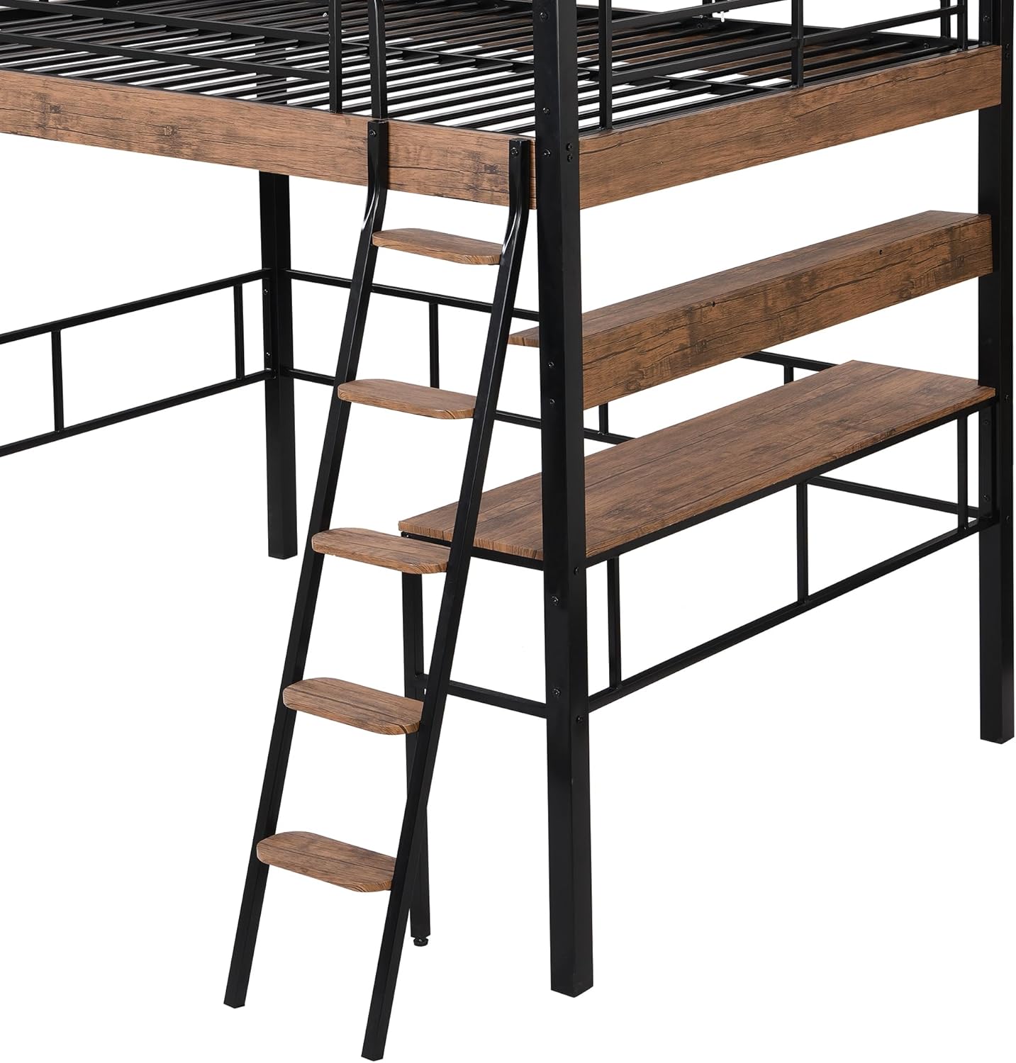 Metal Full Size Loft Bed with Built-in Desk,Storage Shelf and Ladder,Full-Length Guardrails and Secured Metal Slats, High LoftBed W/Large Storage Space for Kids Teens Adults Bedroom,Black