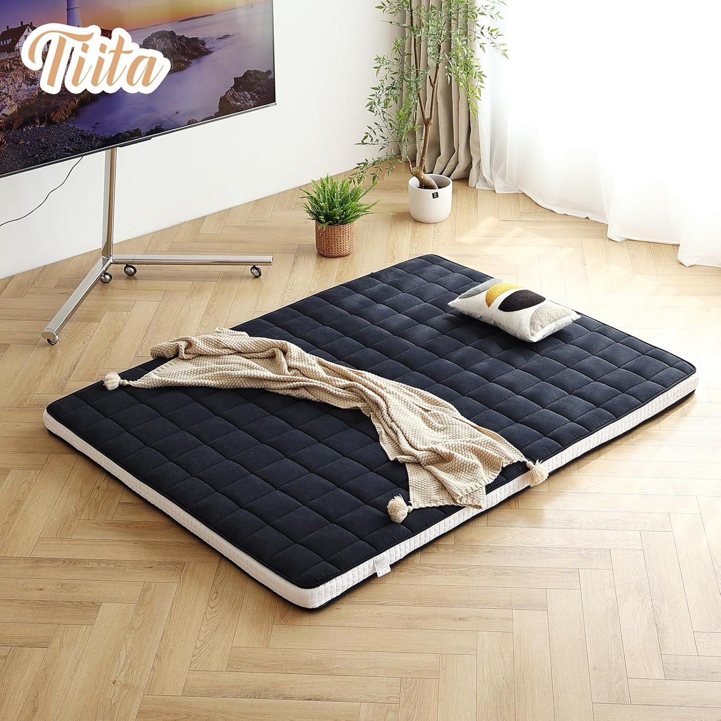 Tiita Japanese Floor Mattress, 4” Thicken Futon Mattress with Storage Bag and 2 Straps， Twin Size Sleeping Tatami Mat for Adults，Black