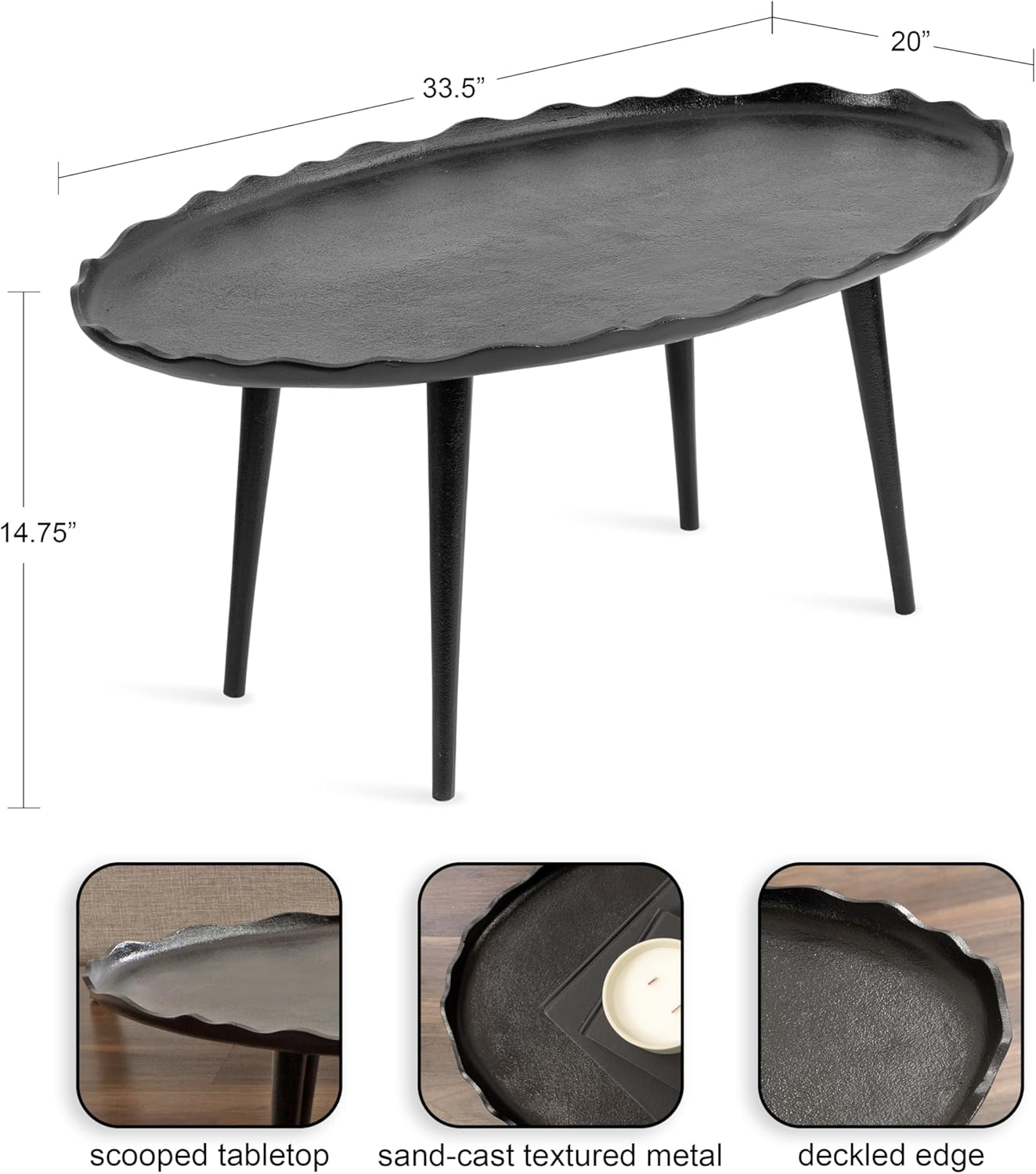 Kate and Laurel Alessia Modern Oval Coffee Table, 34 x 20 x 15, Black, Metal Living Room Table for Storage and Display with Antique Deckled Edge Detailing