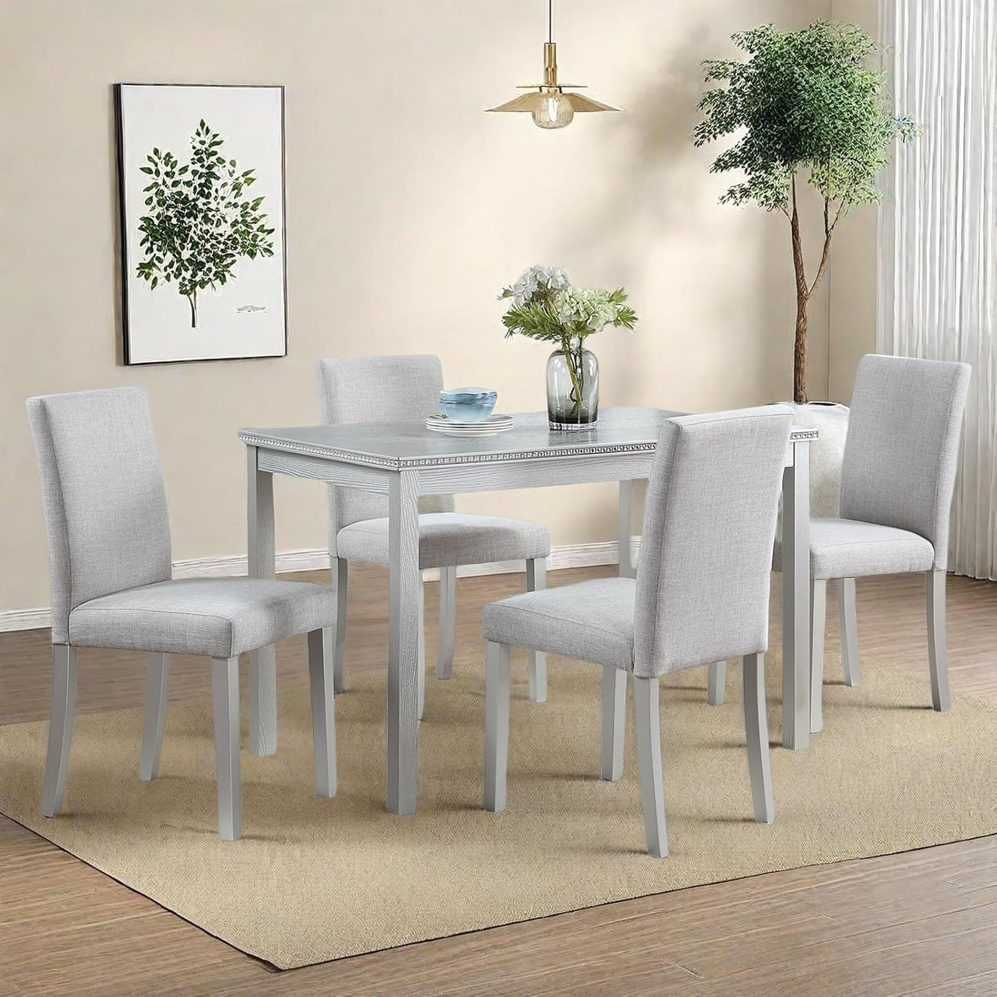 Dining Table Set for 4, 5-Piece Kitchen Table & Chairs Set with Rectangular Table & 4 Upholstered Chairs, 34.5'' Dinner Set with Crystal Decorations & Wood Grain Design, Silver Grey