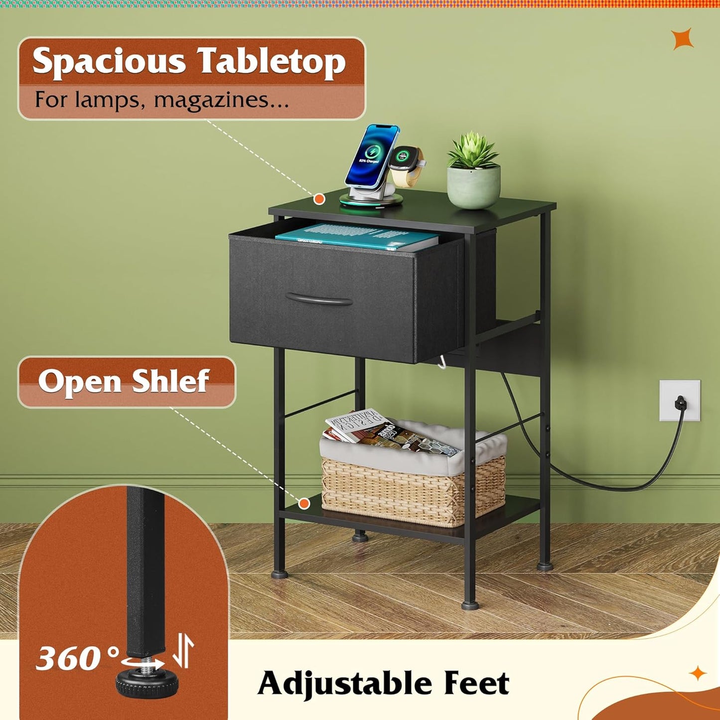 WLIVE Night Stand with Charger Station, Small Nightstand with 1 Fabric Drawer and Open Wood Shelf, 25" H Bedside Table for Bedroom, 2-Tier Storage Side Table for Dorm, Entryway, Black