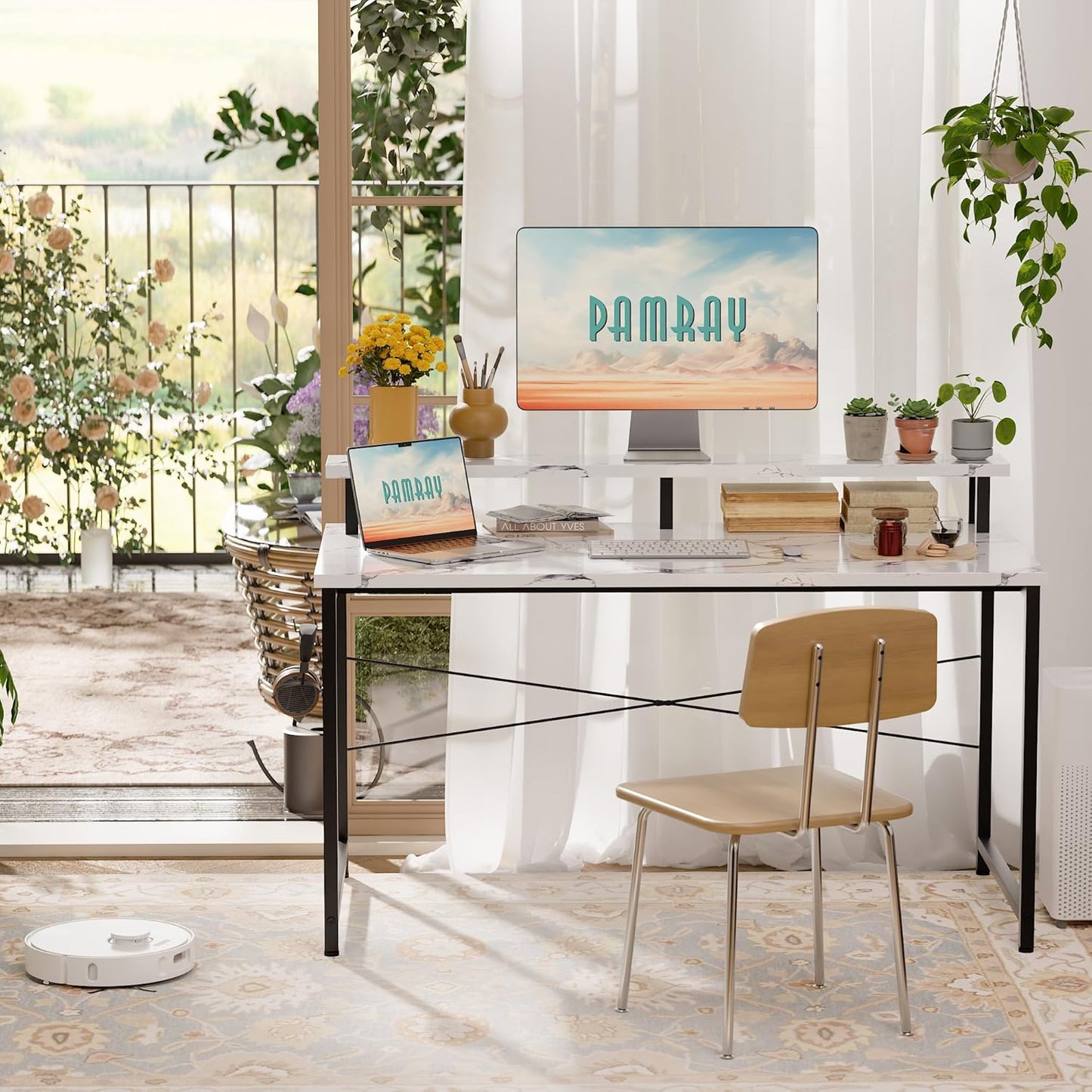 Pamray 47 Inch Small Computer Desk with Monitor Stand, Simple Office Desk with Headphone Hook for Small Spaces, Kids Study Writing Table for Bedroom, Marble