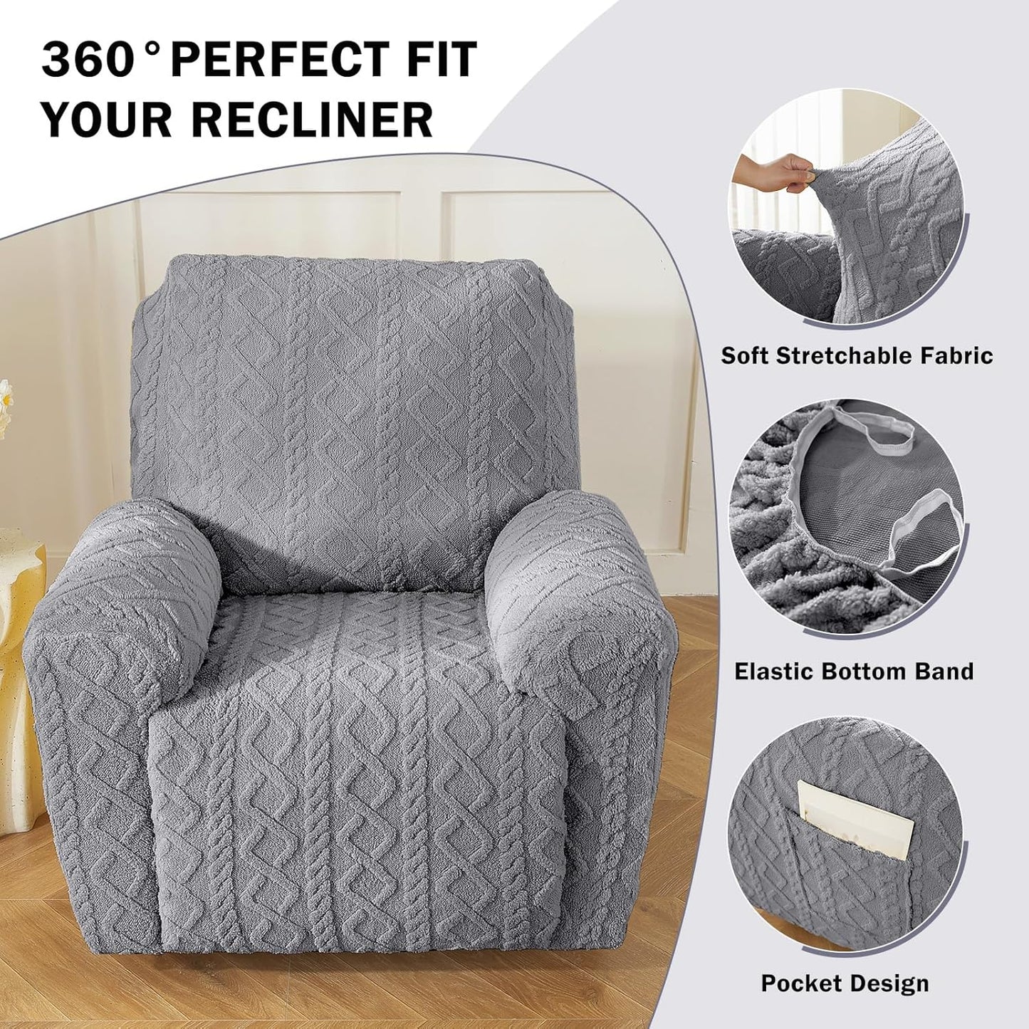 vctops 4 Pieces Geometric Jacquard Plush Recliner Slipcovers Soft Fuzzy Fluffy Sofa Couch Cover Anti-Slip Furniture Protector with Elastic Bottom for Kids Cats Dogs(Grey,1 Seat)