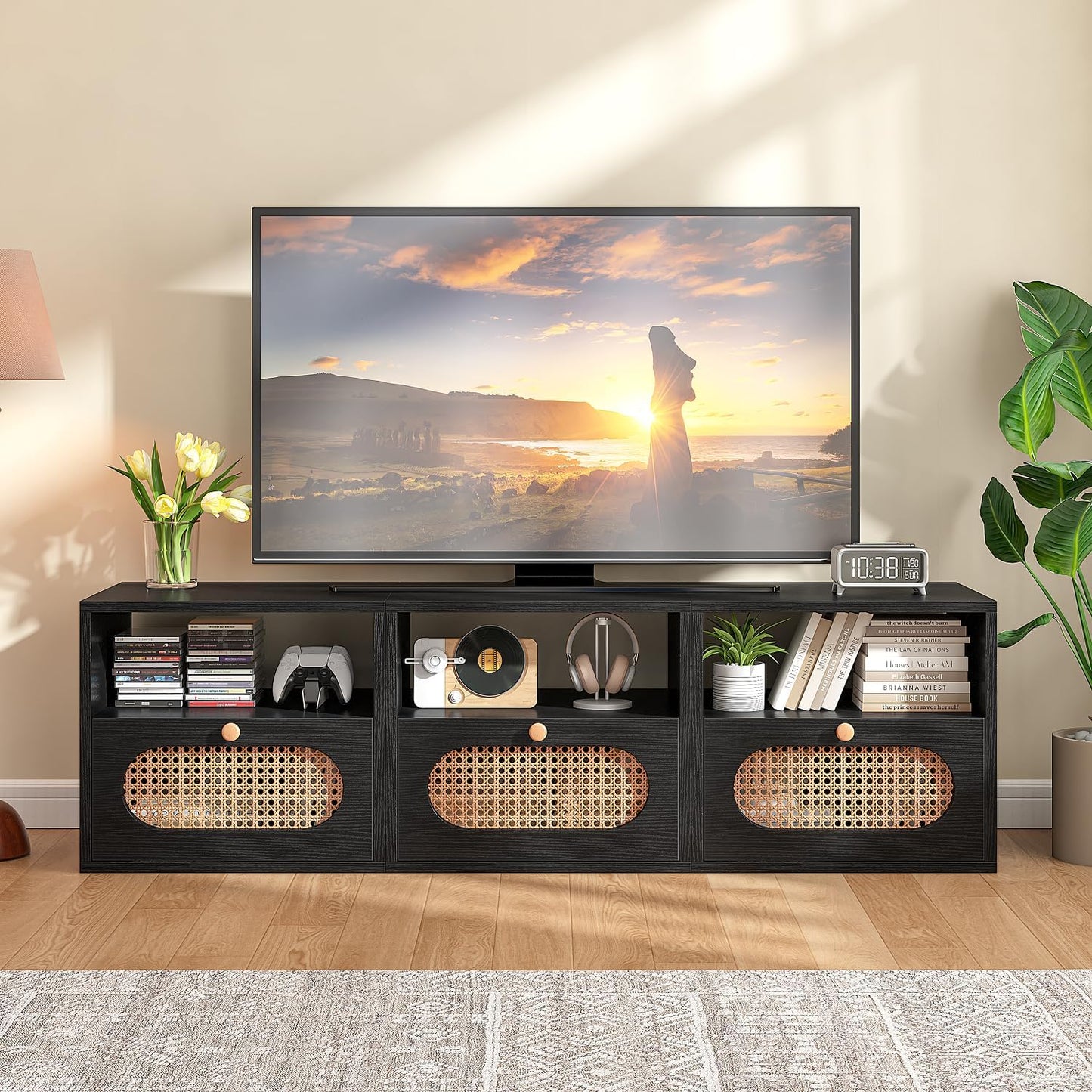 3-in-1 Modular TV Stand with Rattan Doors, DIY Media Console Boho Entertainment Center Modern TV Cabinet with Open Shelves,Black