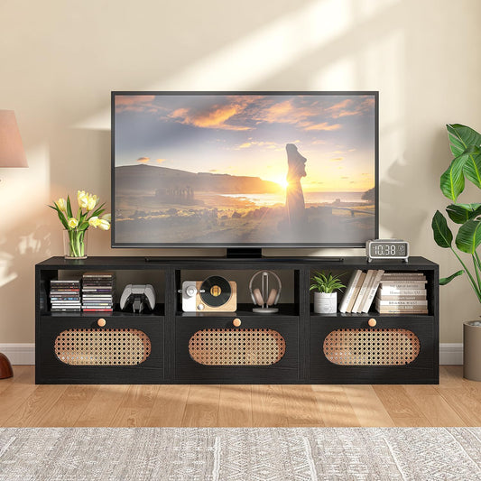 3-in-1 Modular TV Stand with Rattan Doors, DIY Media Console Boho Entertainment Center Modern TV Cabinet with Open Shelves,Black