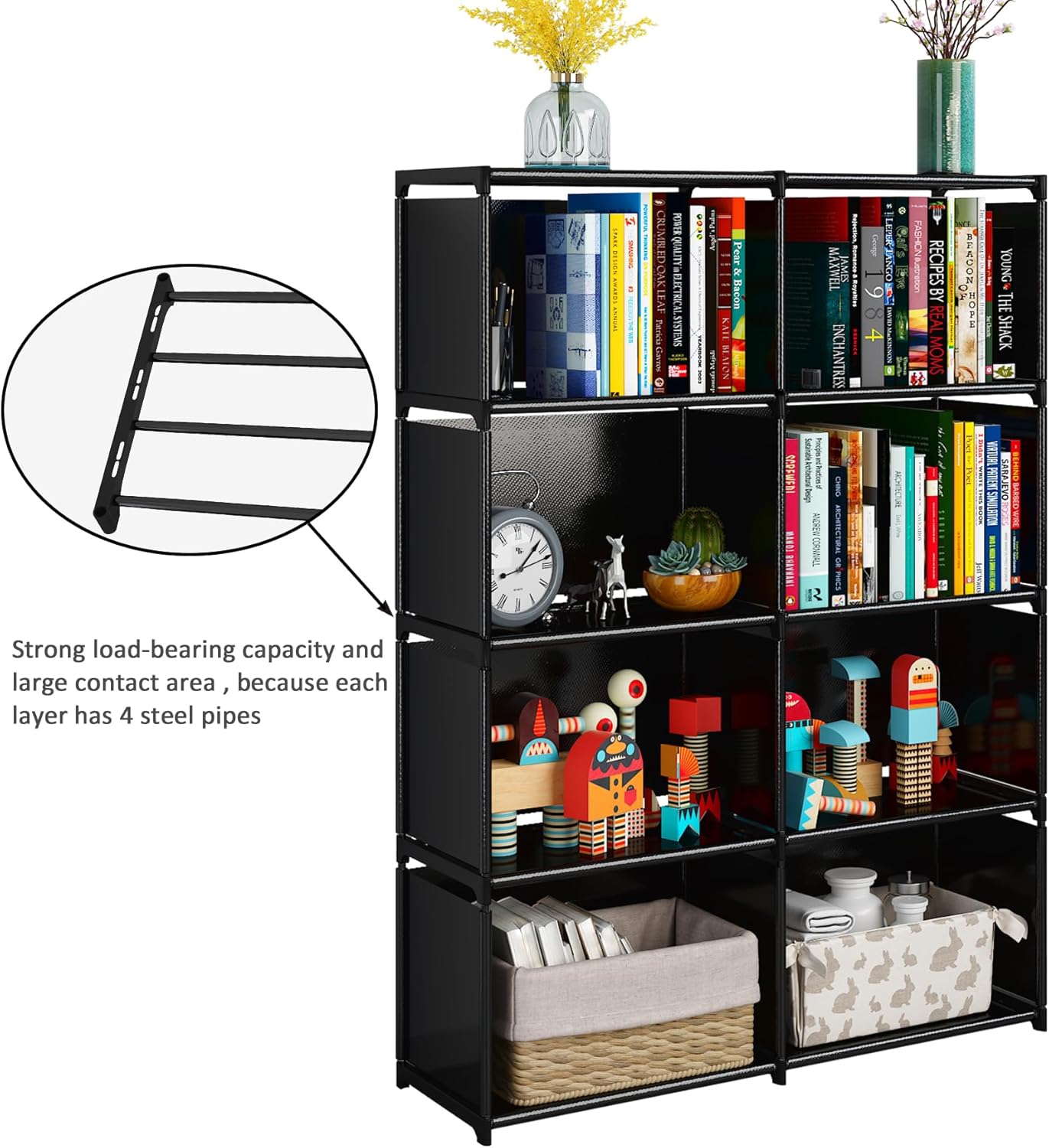 JIUYOTREE 5-Tiers Portable Bookshelf with Fabric Cloth at Back, 8 Cube Closet Storage Organizer Bookcase, Living Room,Study Room,Bedroom, Black
