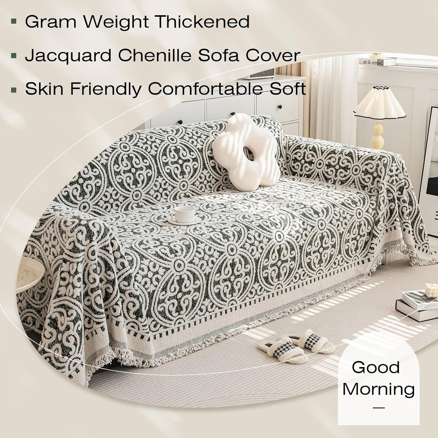 STACYPIK Green Jacquard Sofa Cover - Anti-Scratch Chenille Furniture Protector for 3 Cushion Couch - French Floral Dog Pet Cushion Protector - Futon Cover 71x150IN